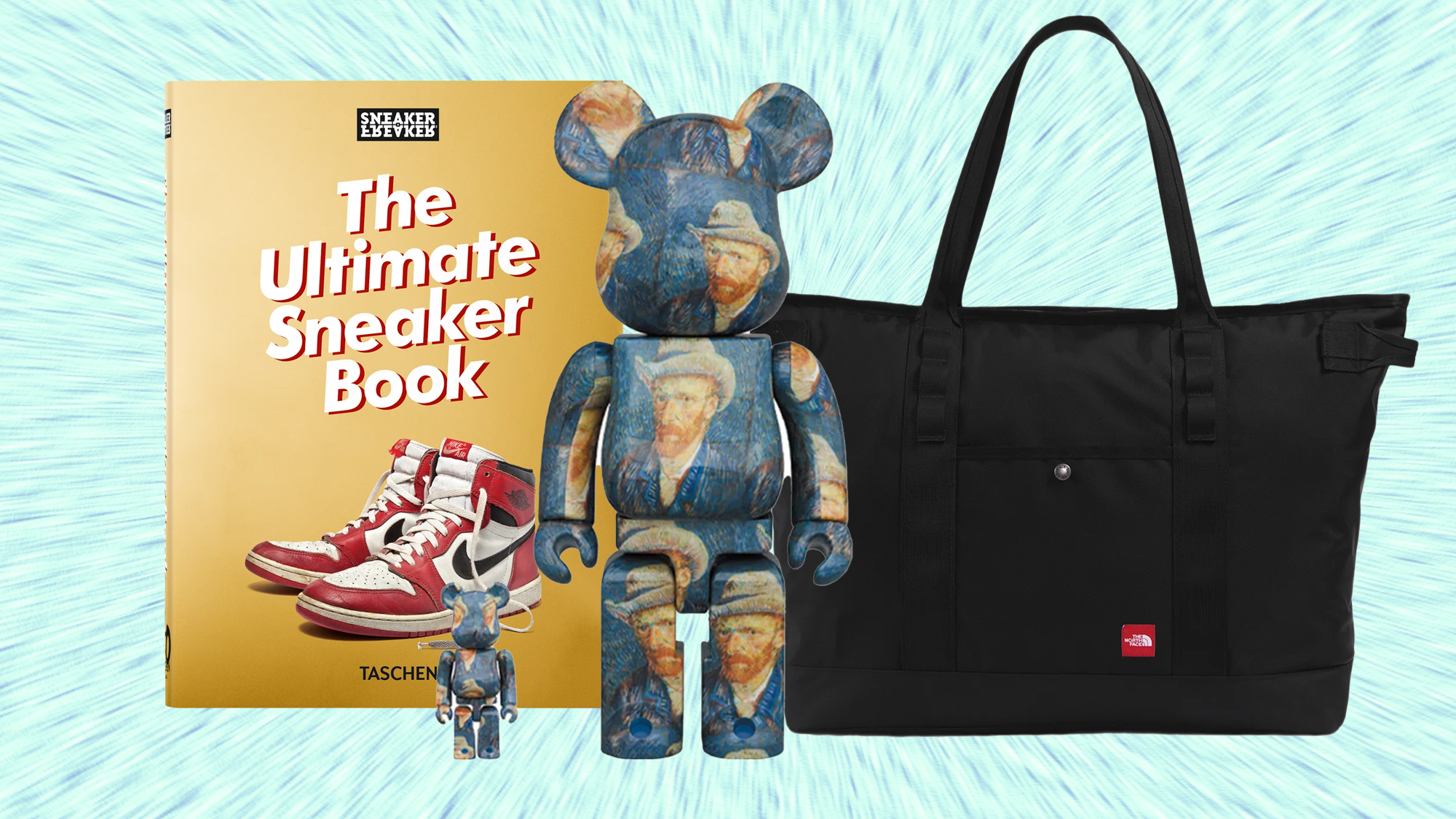 A book titled "The Ultimate Sneaker Book," a Van Gogh-themed Bearbrick figure, and a black North Face tote bag on a blue background.