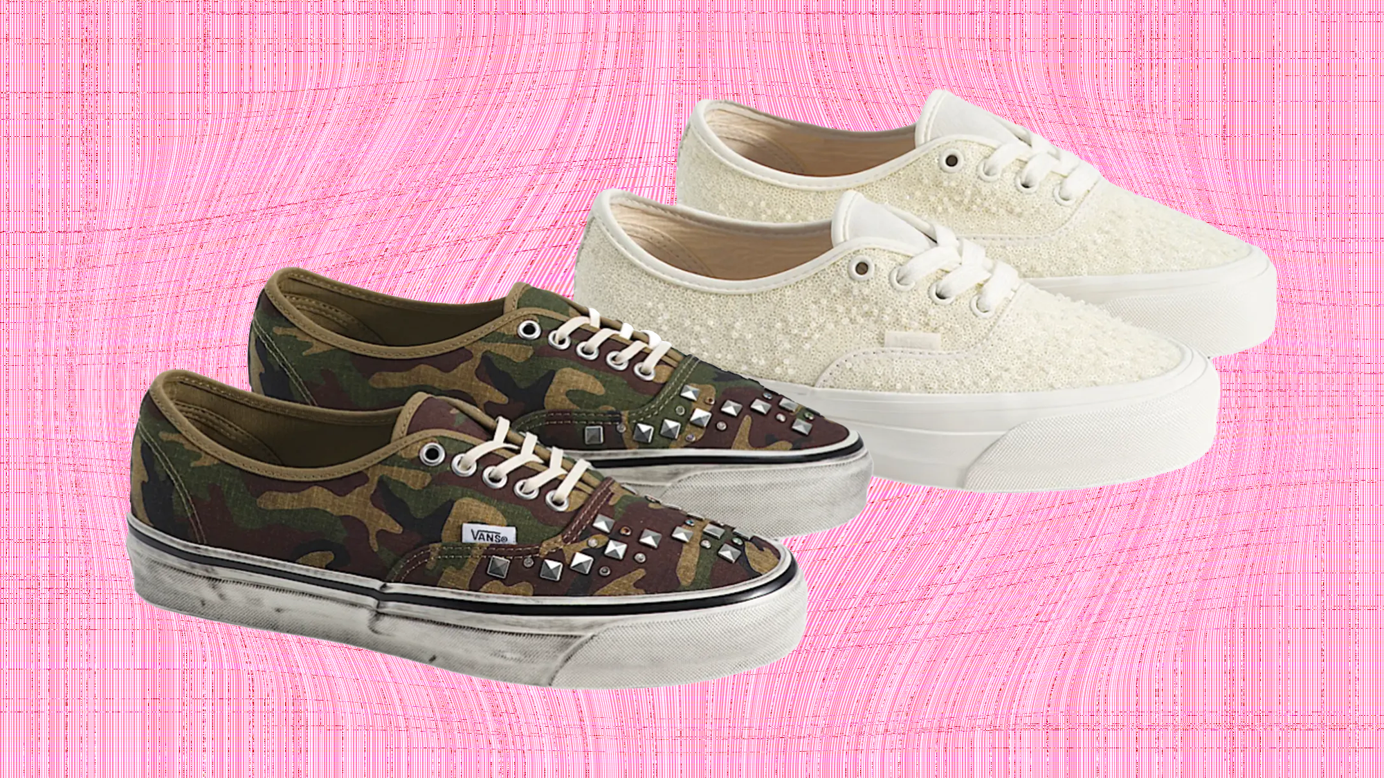 Two pairs of sneakers: one camo with studs, one cream textured, both on a pink textured background.