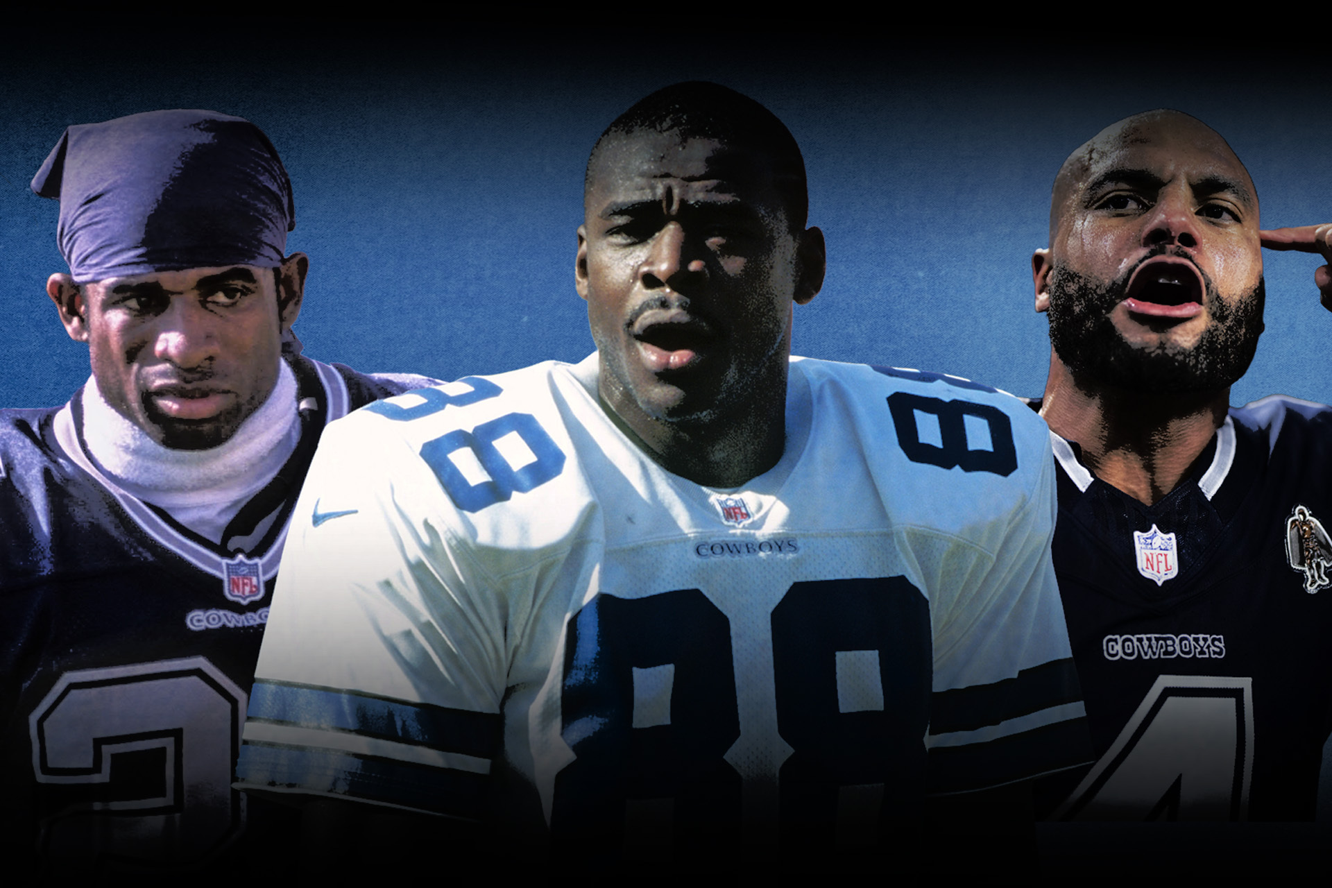 Deion Sanders, Michael Irvin, and Dak Prescott of the Dallas Cowboys