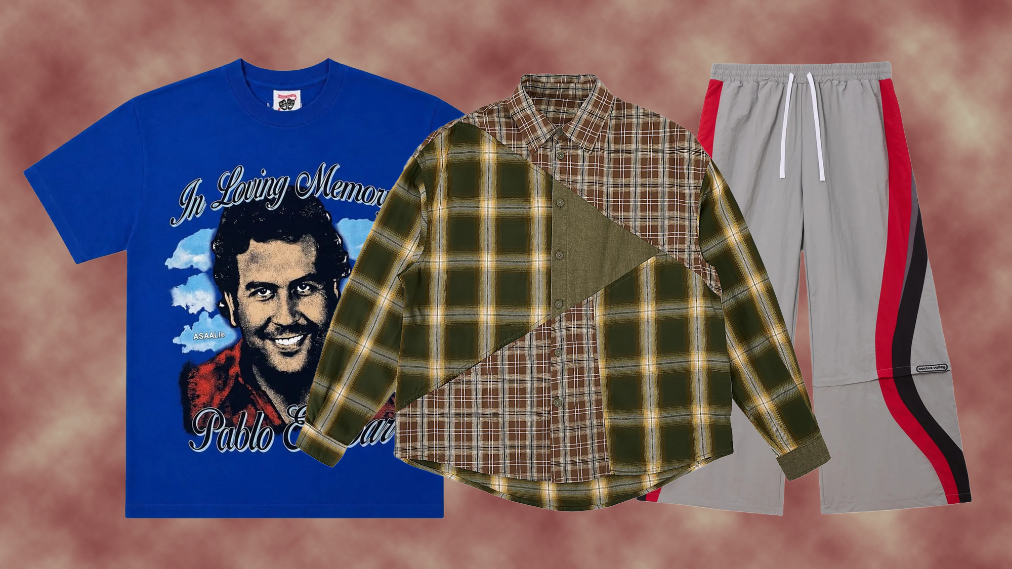 A blue T-shirt with a graphic of Pablo Escobar, a patchwork plaid shirt, and gray track pants with red and black stripes.