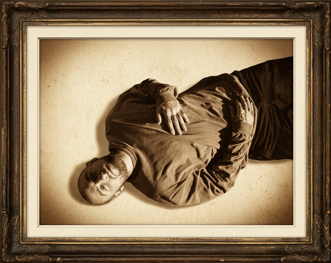 A sepia-toned portrait of a bald man lying down with his hands on his chest, framed in an ornate frame.