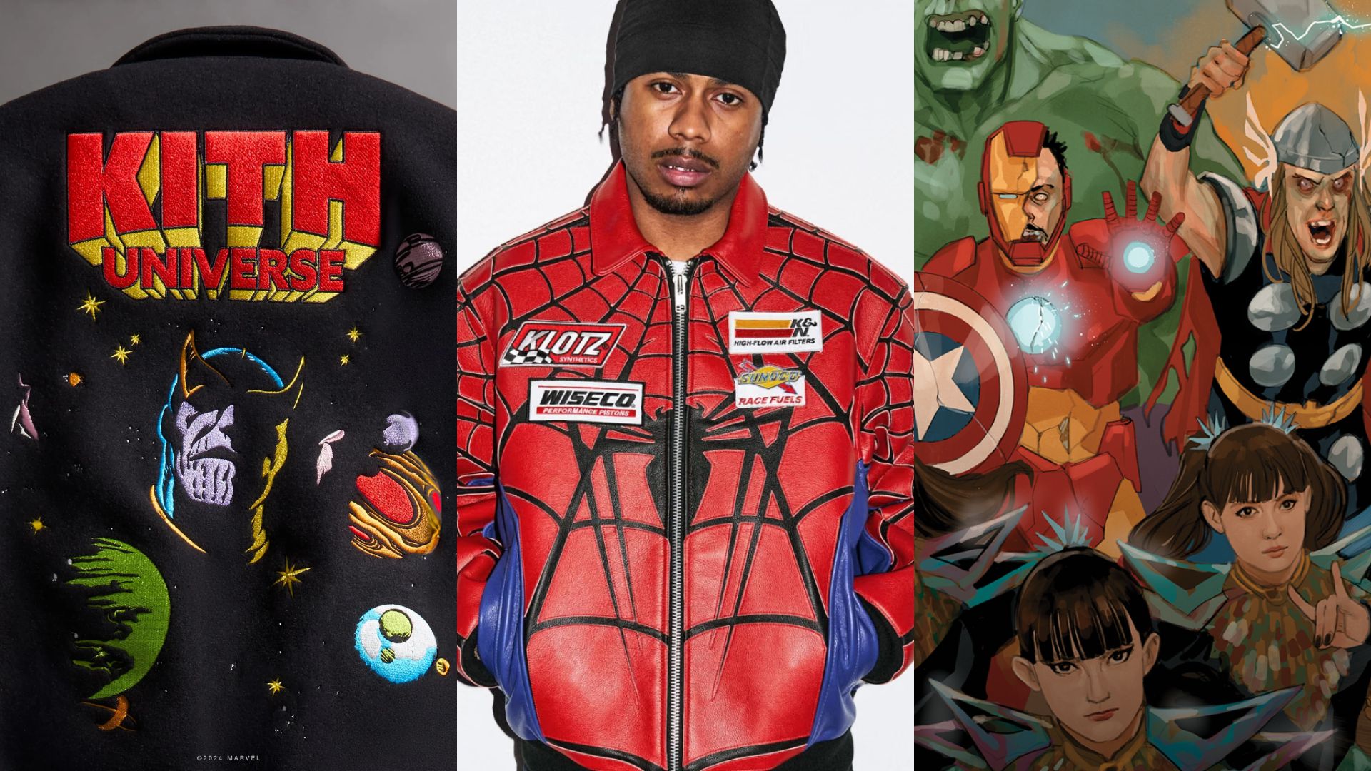 A person in a Spider-Man-themed jacket stands between a "Kith Universe" jacket with cosmic designs and Marvel superheroes artwork.