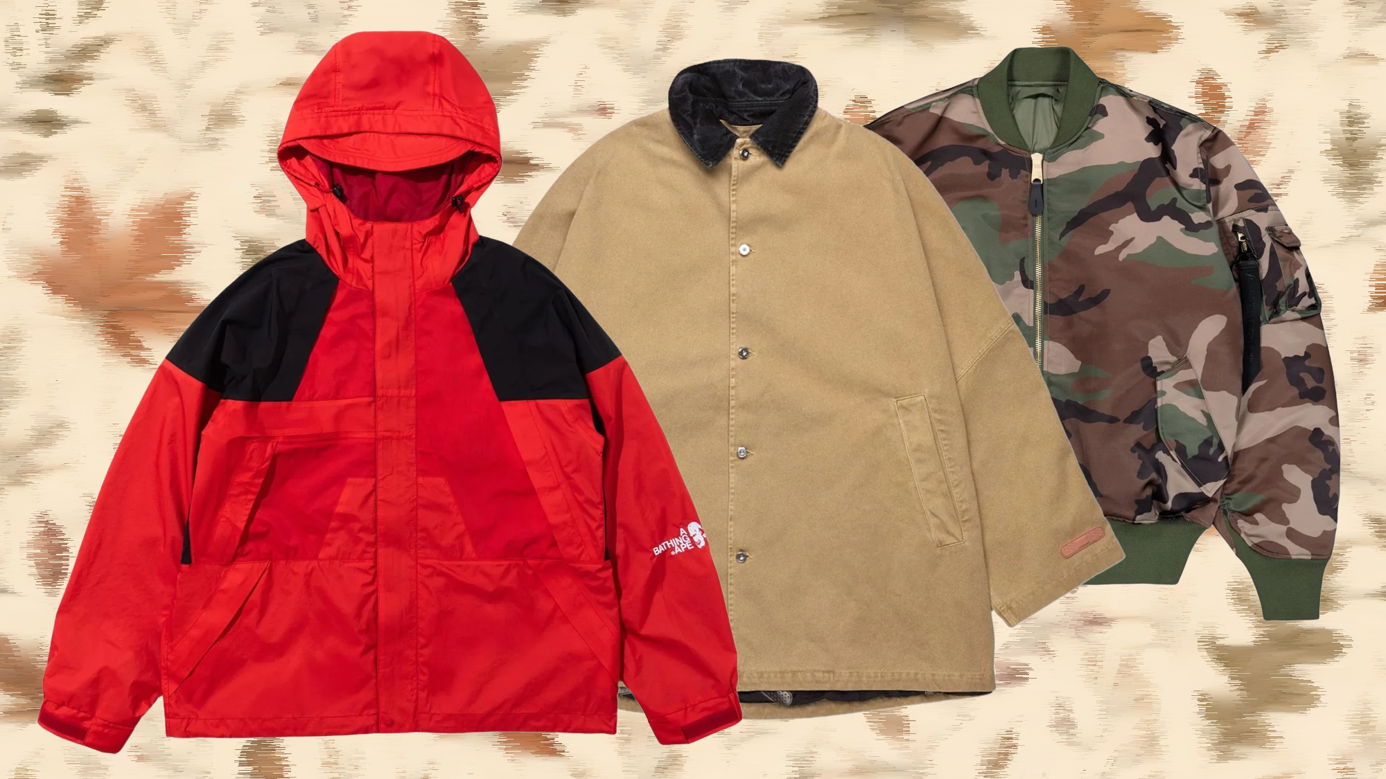 A red and black hooded jacket, a tan button-up coat with a dark collar, and a camouflage bomber jacket on a patterned background.