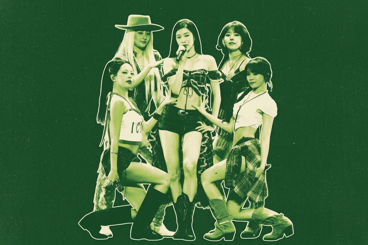 A group of five women in LE SSERAFIM with stylish outfits, one singing into a microphone, with a green monochrome effect.