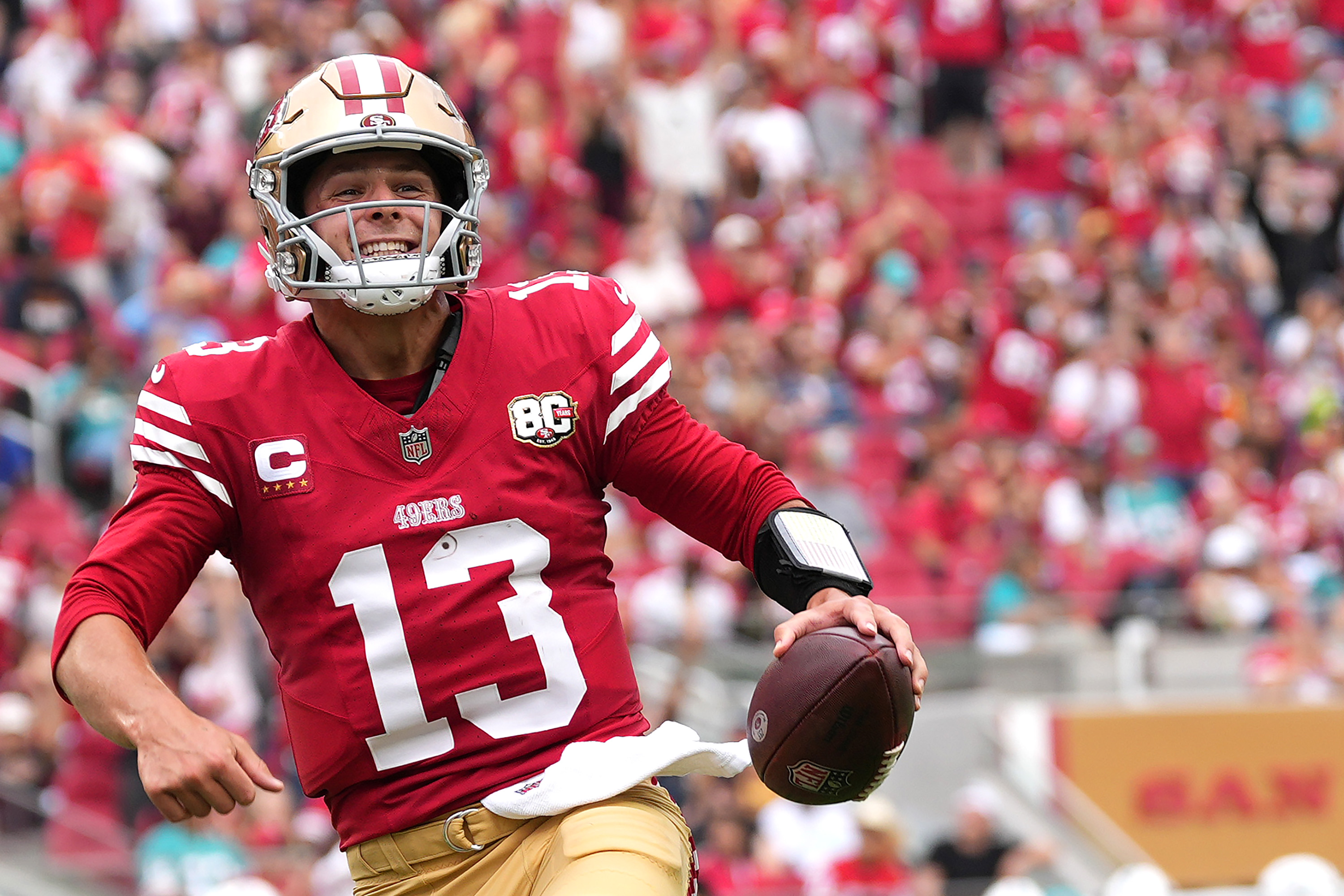 Brock Purdy celebrates after scoring during the San Francisco 49ers win over the Miami Dolphins. 