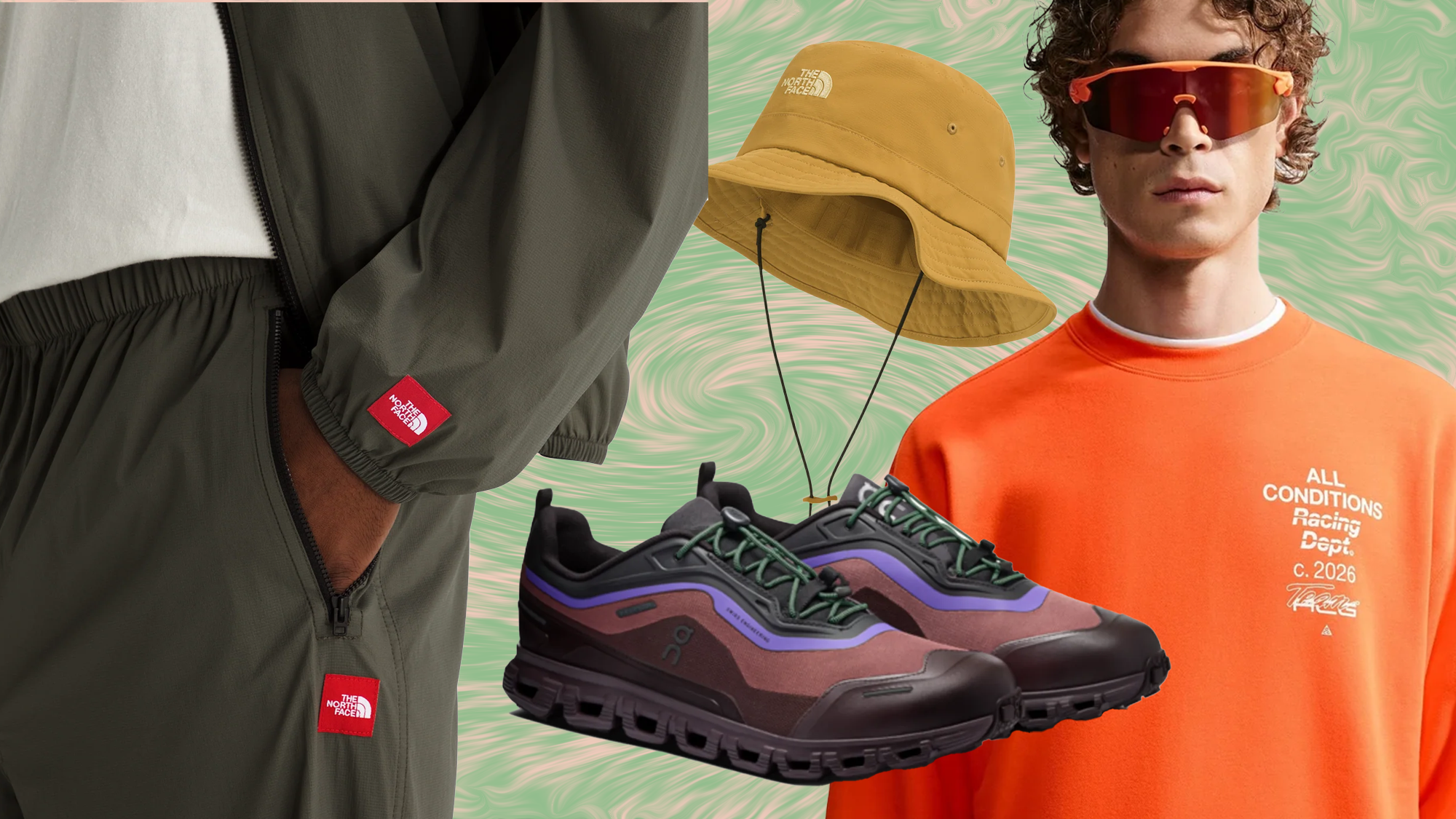 A collage featuring The North Face clothing, colorful sneakers, a mustard bucket hat, and a person in an orange sweatshirt with sunglasses.