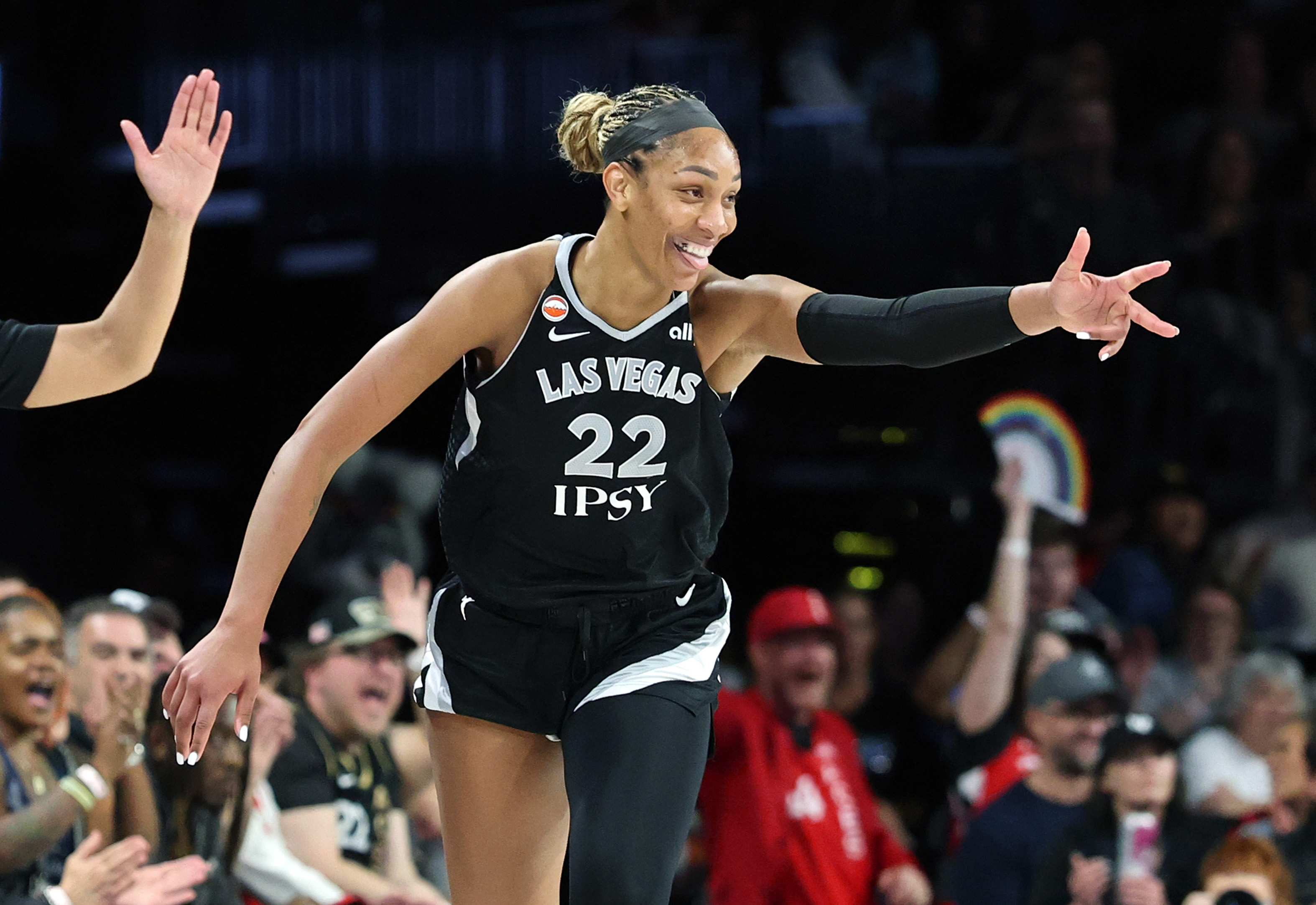 A'ja Wilson celebrates during a Las Vegas Aces game. 