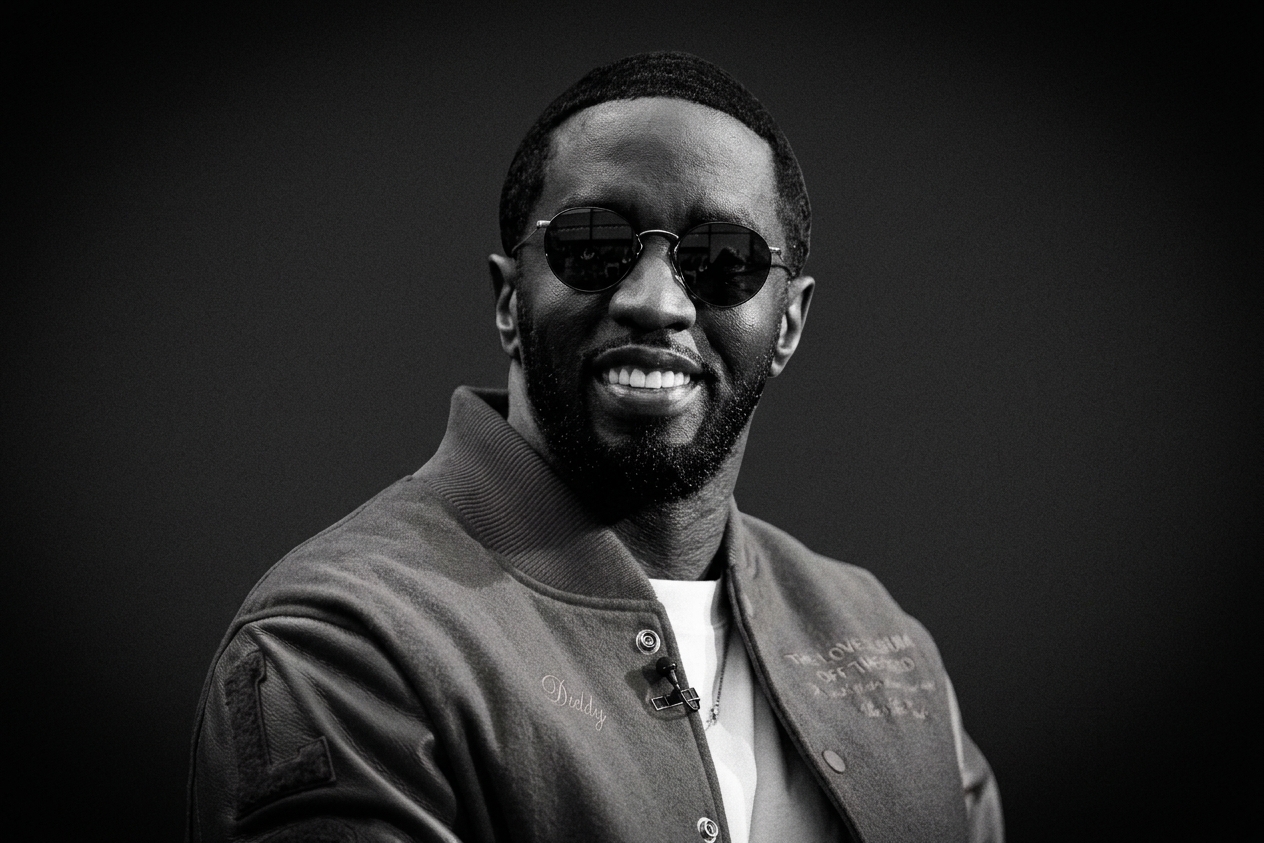 A man with sunglasses and a beard, smiling, wearing a jacket. The image is in black and white.