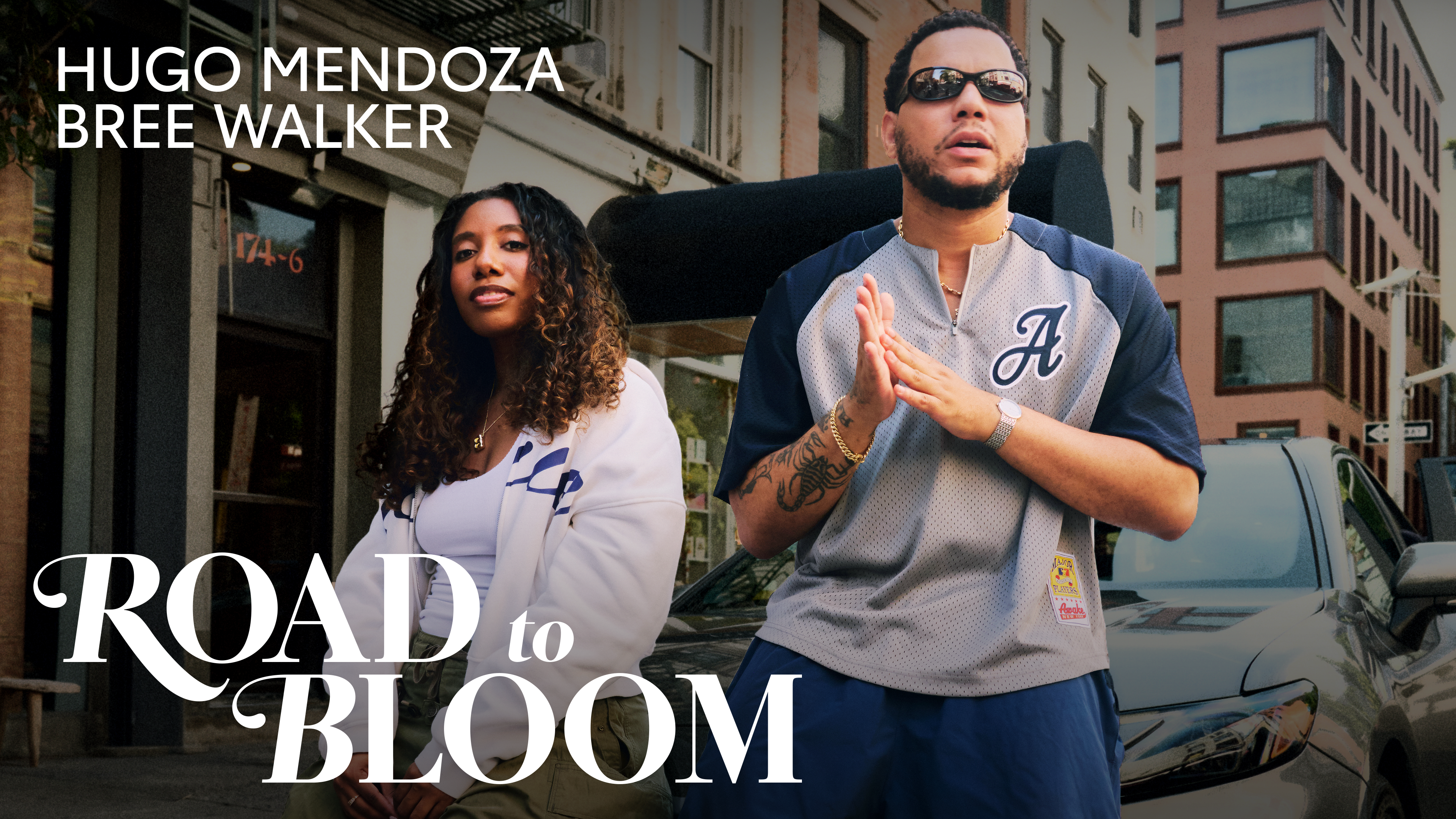 Two people, Hugo Mendoza and Bree Walker, stand confidently in front of a car on a city street. Text reads "Road to Bloom."