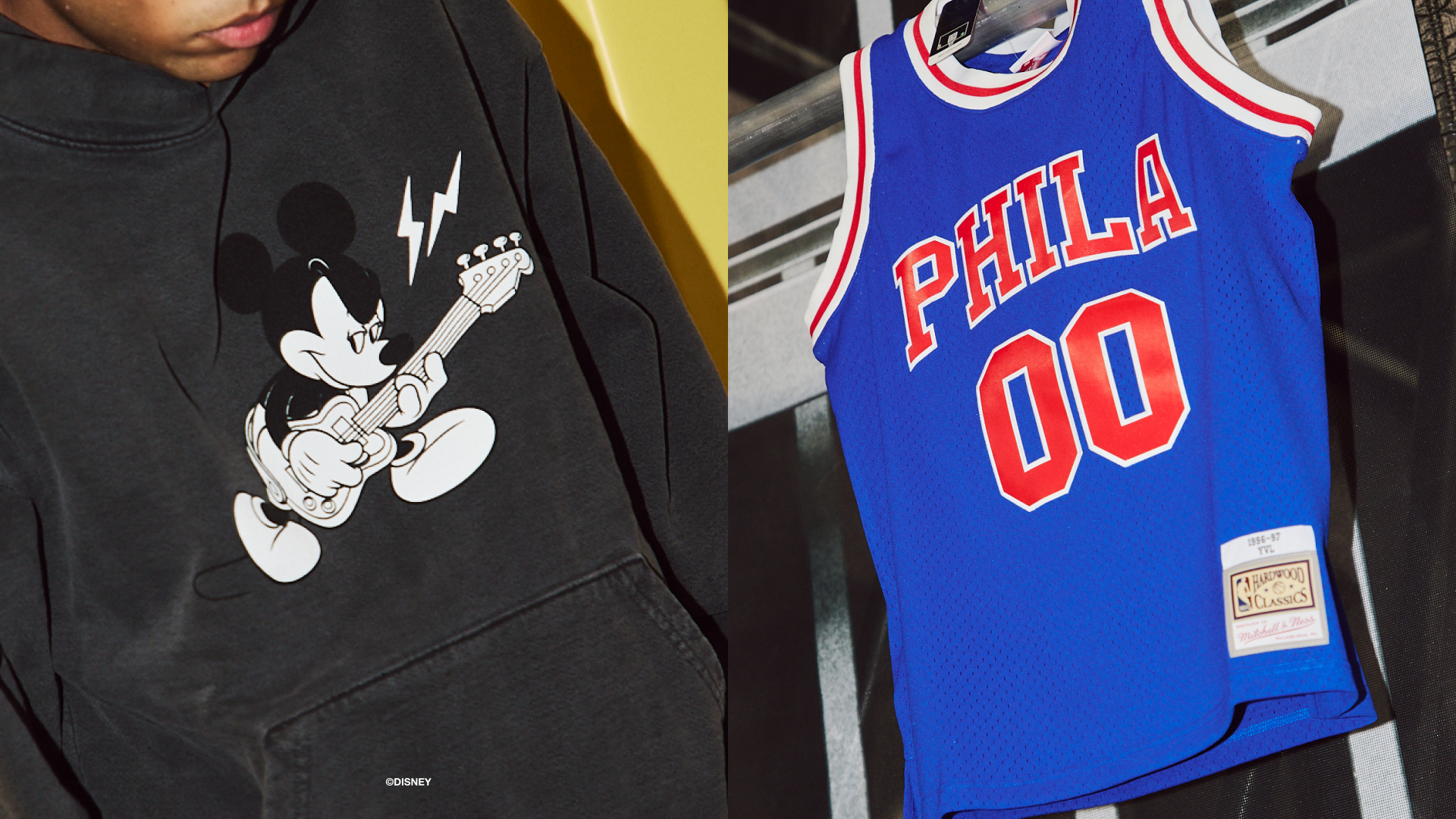 A black hoodie with Mickey Mouse playing guitar and a blue "PHILA 00" basketball jersey hanging.