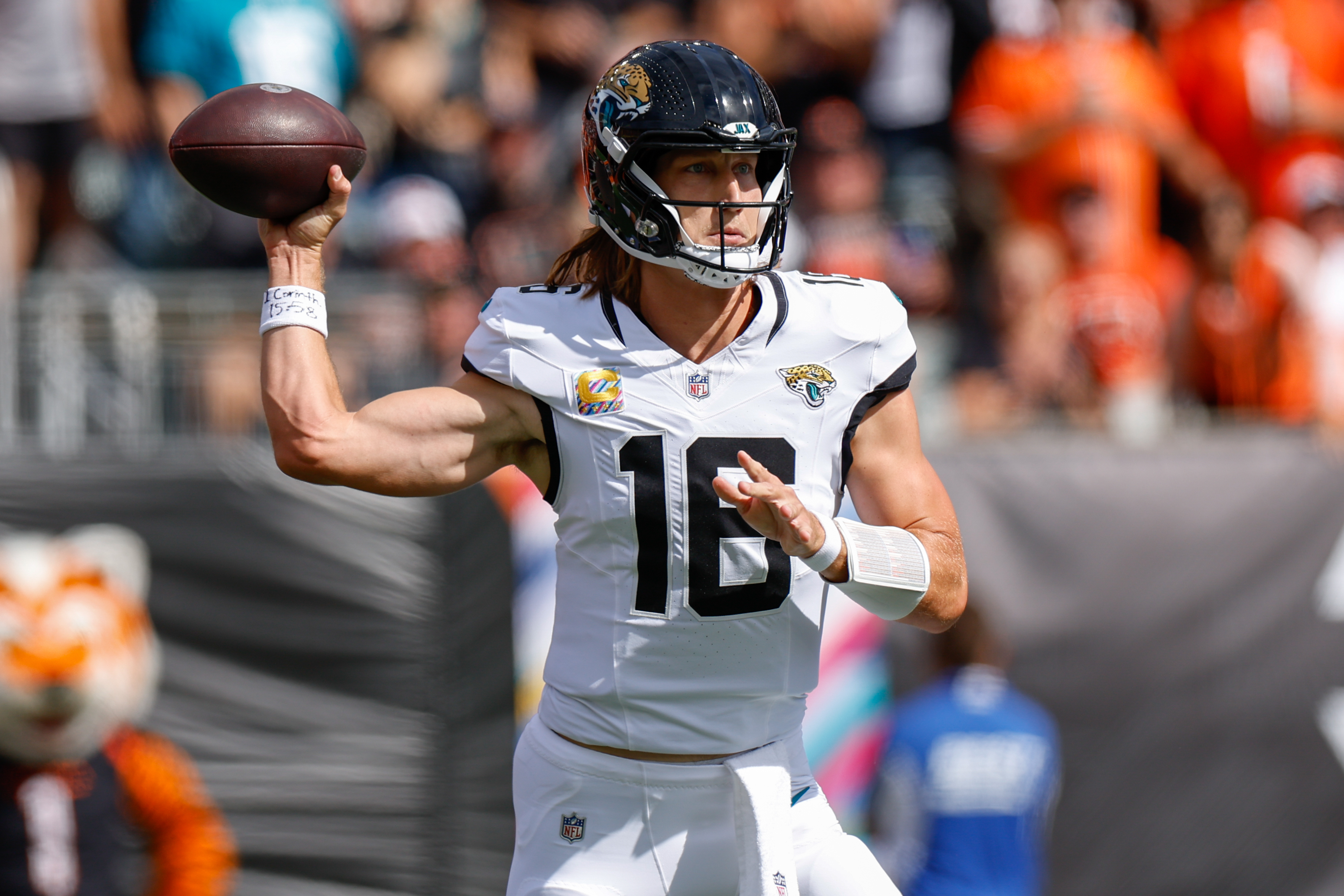 Trevor Lawrence throws a pass during the Jacksonville Jaguars win over the Cincinnati Bengals. 