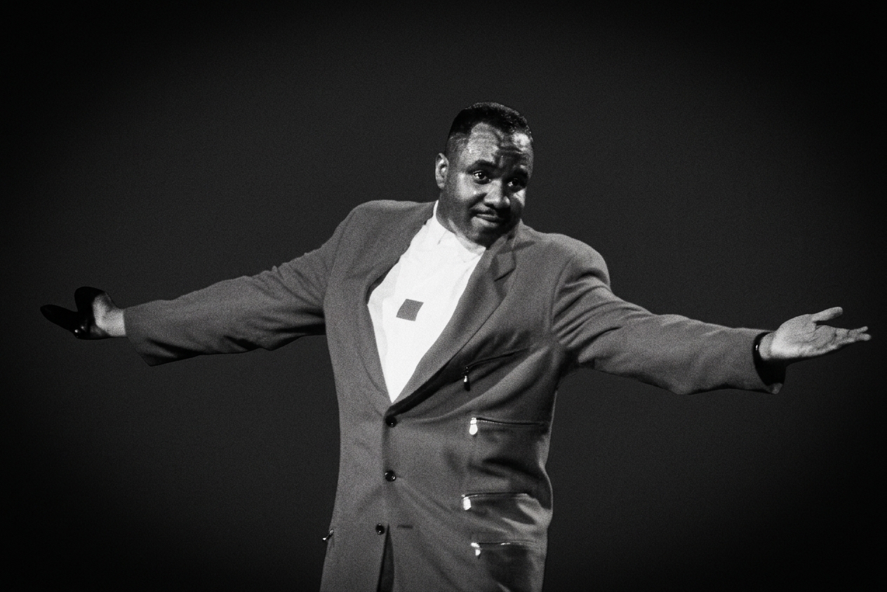 Freddie Jackson in a suit poses with arms outstretched against a dark background, expressing a confident or welcoming gesture.