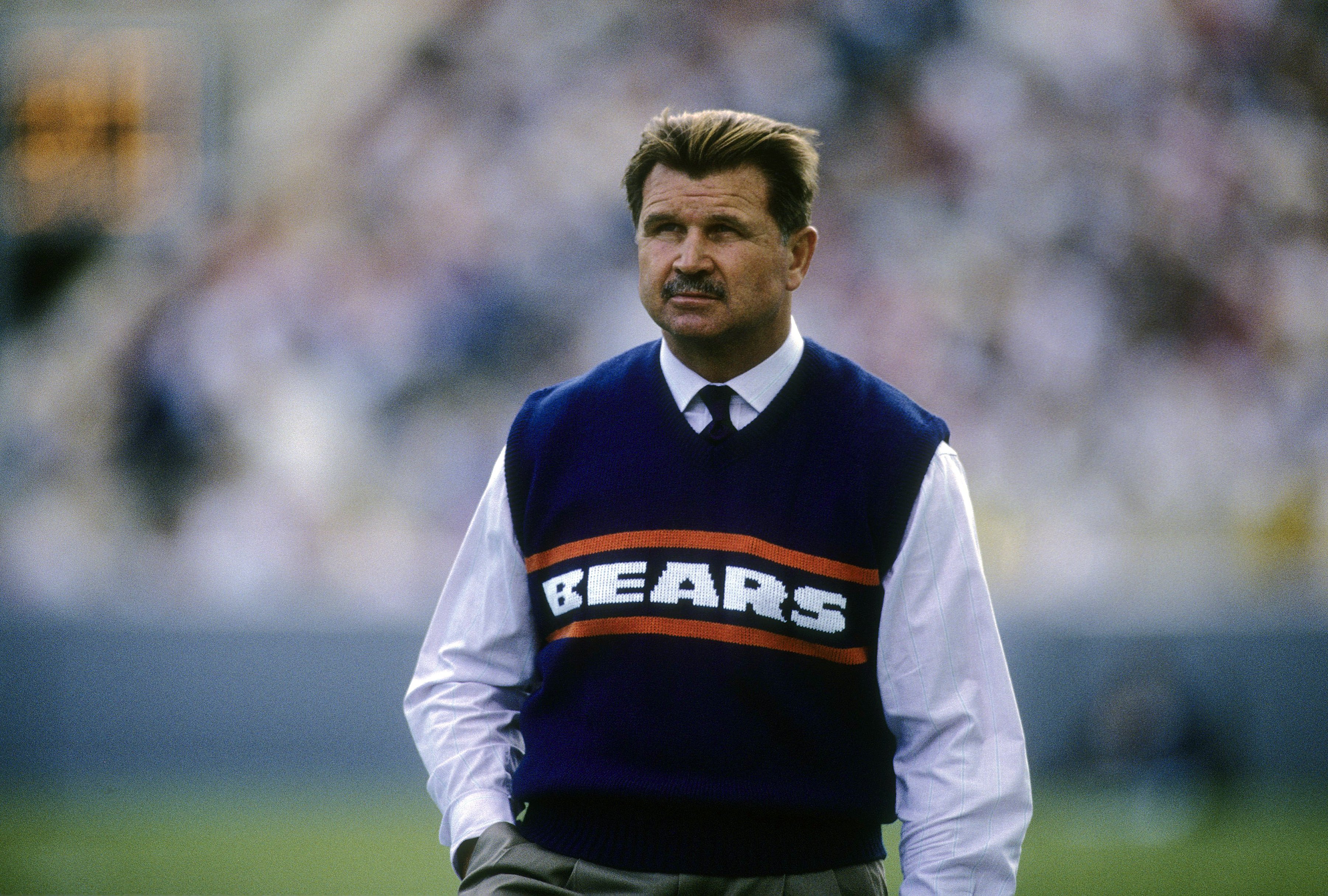 Mike Ditka patrols the sidelines during a Chicago Bears game. 