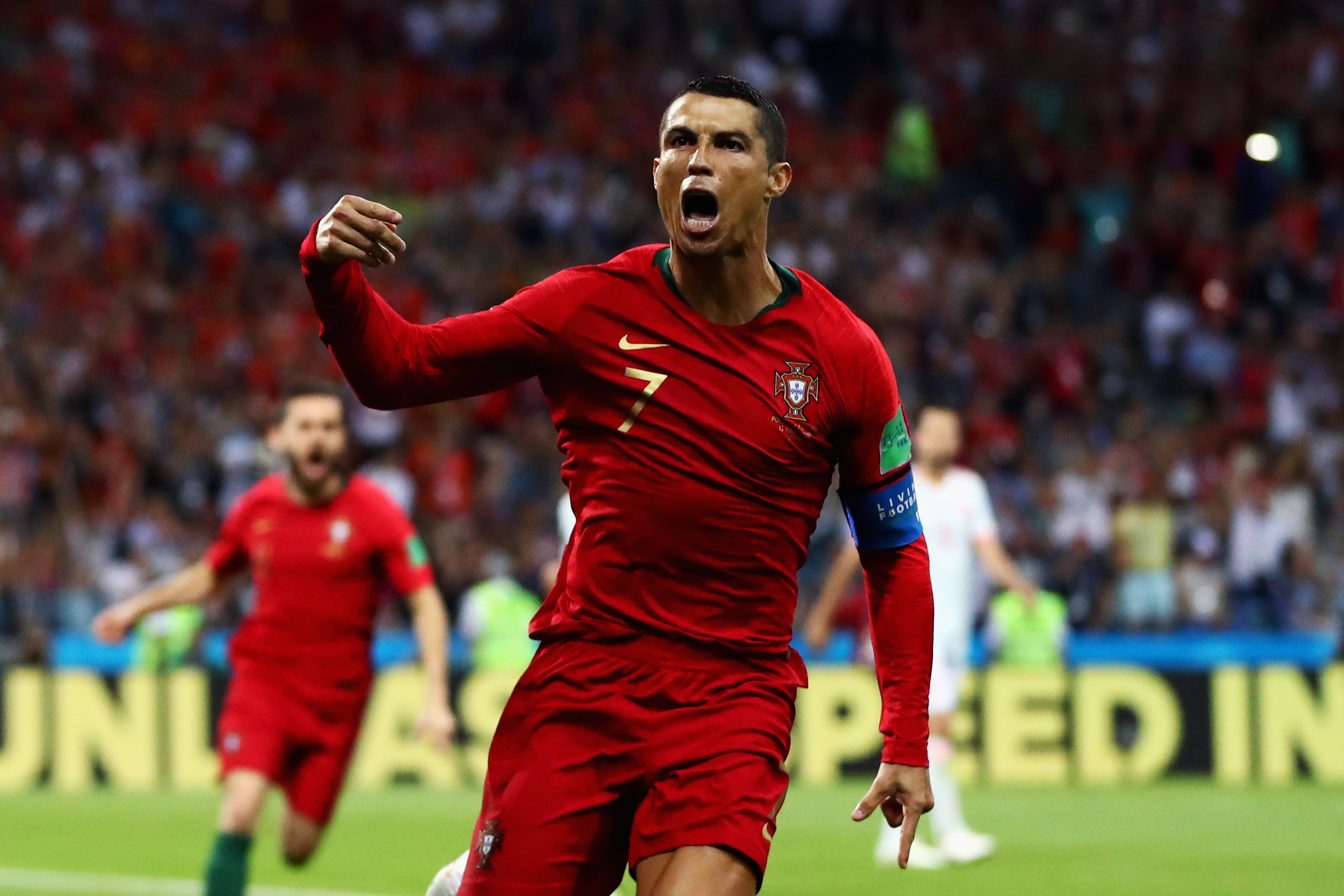 Cristiano Ronaldo celebrates his goal against Spain at the 2018 World Cup.