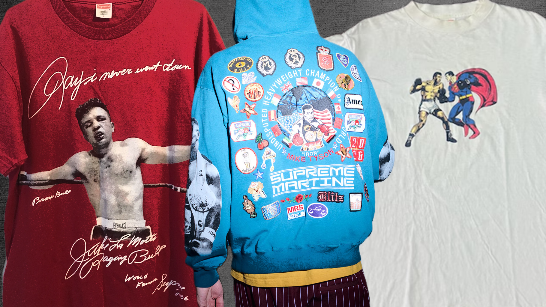 Supreme has a long history of boxing references including a Jake LaMotta tee in 2006, Mike Tyson collection with Martine Rose in 2026, and Sueprman vs. Muahmmad Ali tee in 2000.