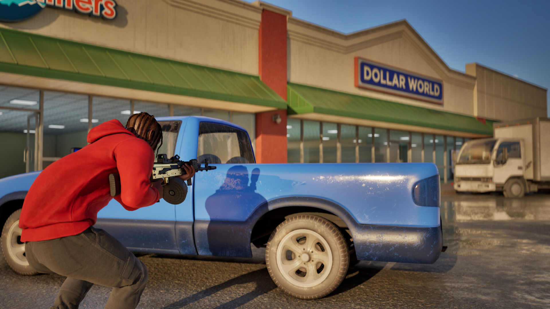 A person in a red hoodie crouches behind a blue pickup truck, aiming a weapon. The scene is set in front of a "Dollar World" store.