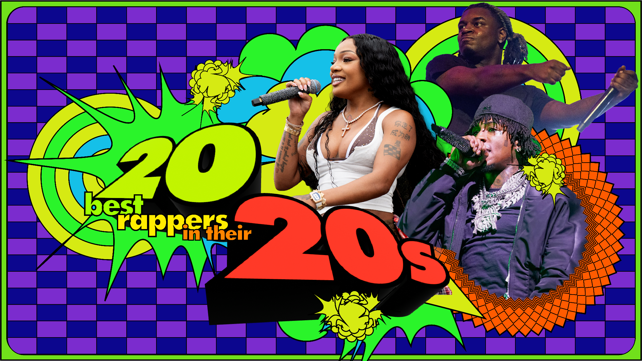 Colorful collage with three rappers, GloRilla, Ken Carson, and YoungBoy Never Broke Again, performing, with bold text "2020 best rappers in their 20s" and vibrant background.