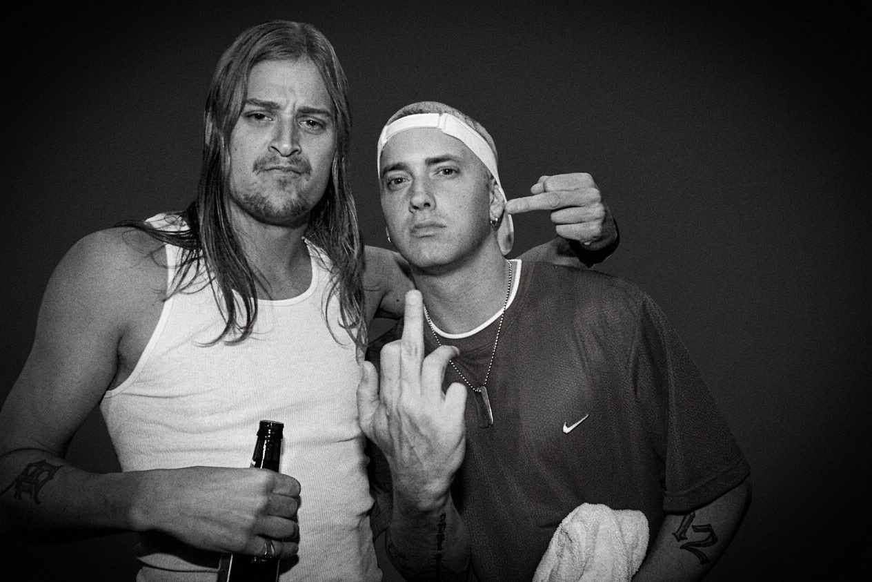 Kid Rock and Eminem pose together, both making gestures. Kid Rock holds a drink, while Eminem wears a red shirt and white cap.