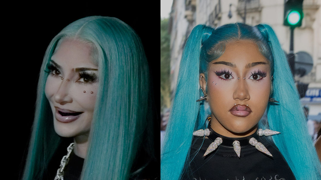 Kim Kardashian in teal wig Halloween costume beside reference photo of daughter North West in matching Vetements look.