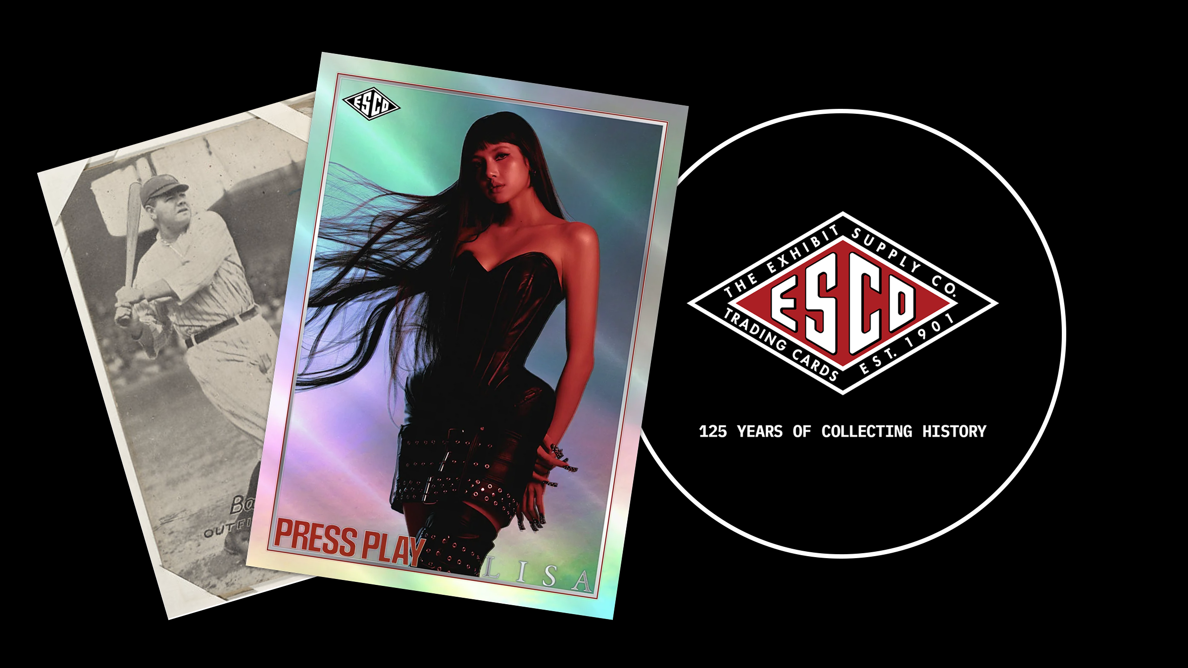 A trading card of Lisa from BLACKPINK in a black outfit, alongside a vintage baseball card, with the ESCO logo celebrating 125 years.