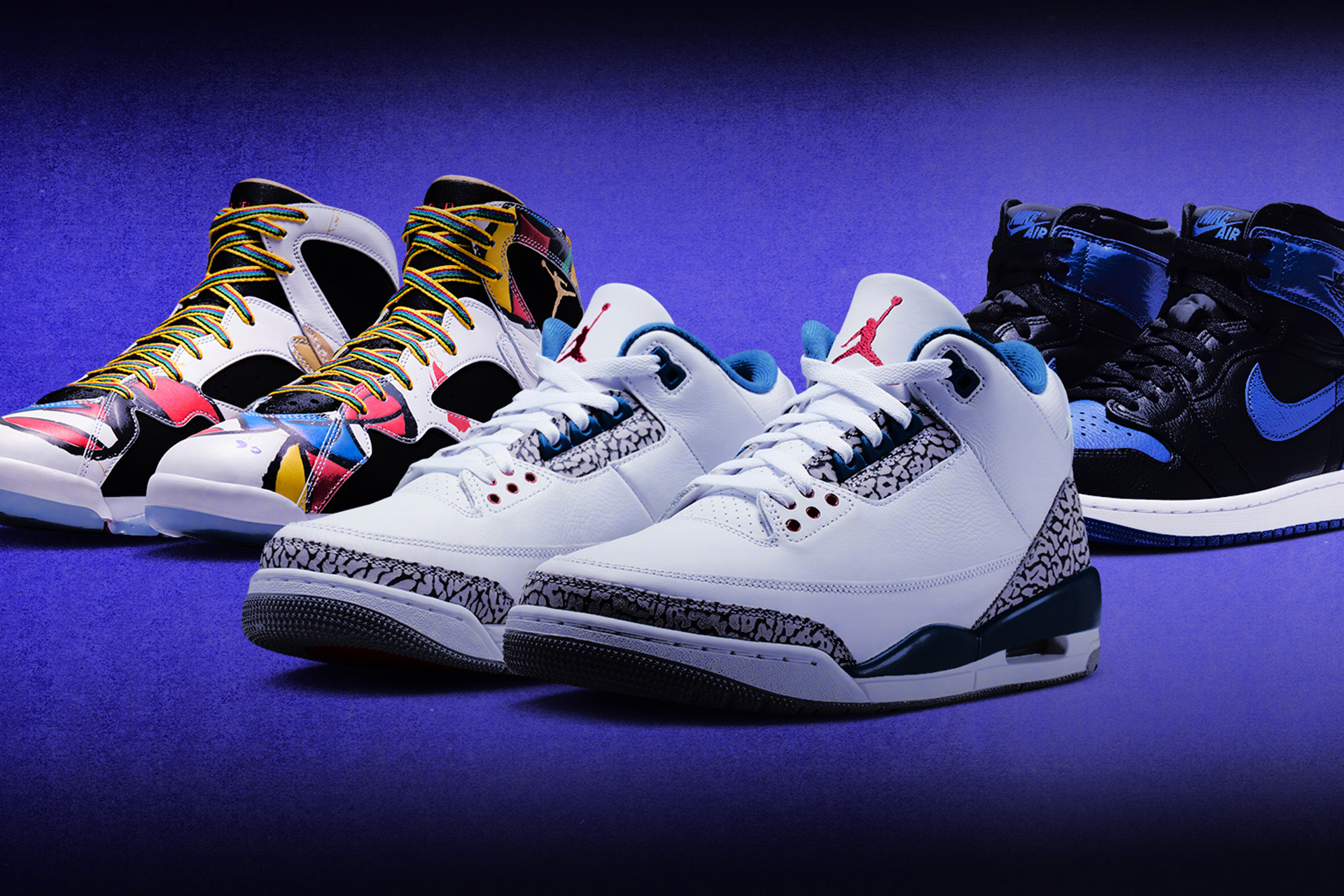 'True Blue' Air Jordan 3, 'Miro' Air Jordan 7, 'Royal' Air Jordan 1 