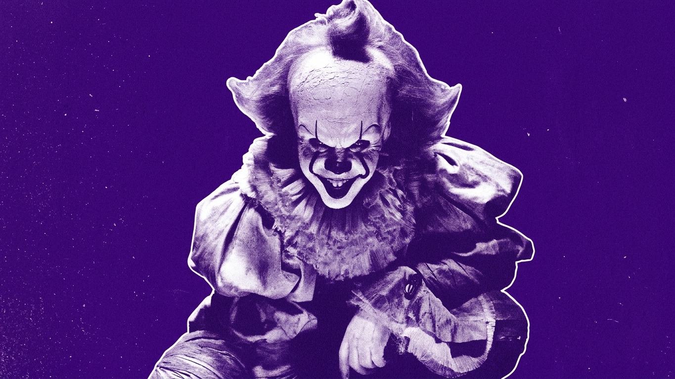 Pennywise the clown, from the horror film "It," crouches menacingly with a sinister smile, set against a backdrop of dim, arched windows.