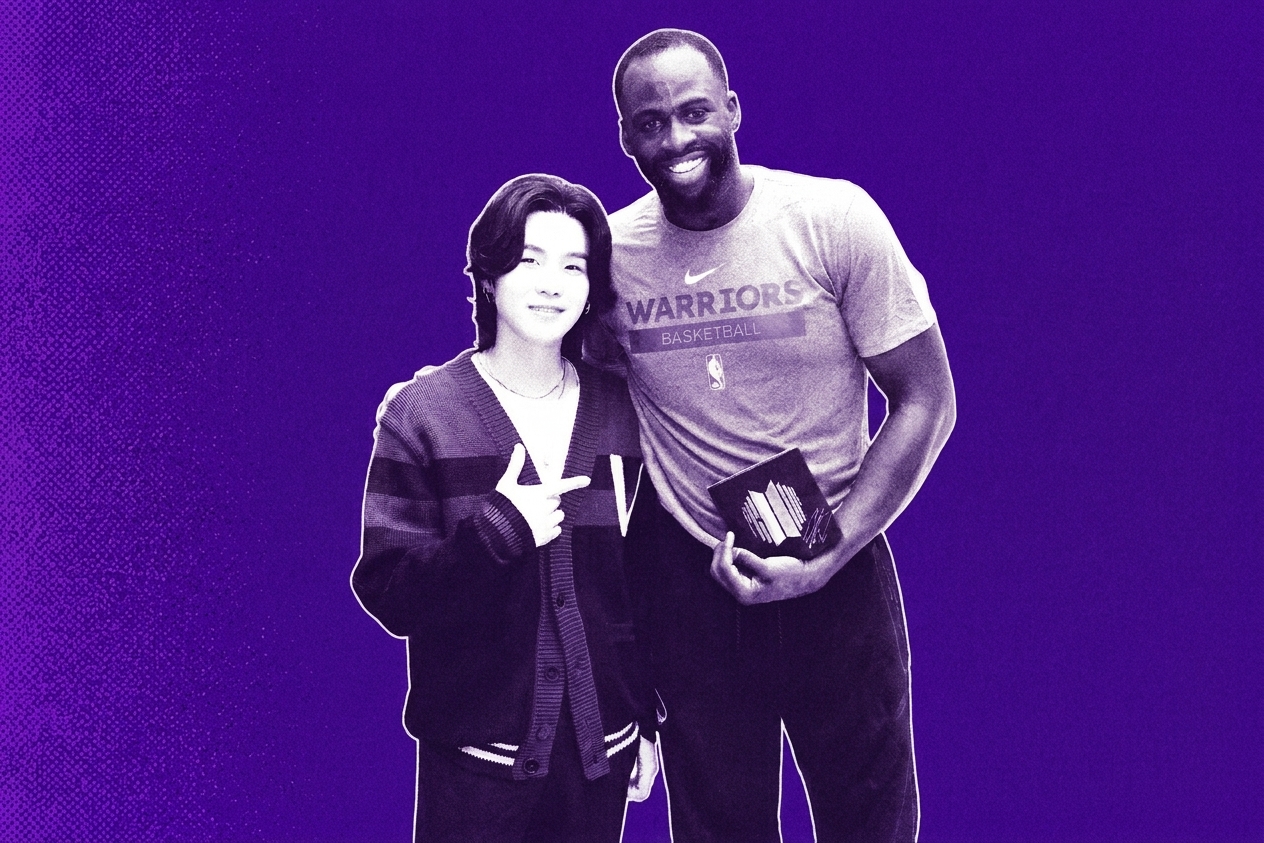 Suga from BTS poses with Draymond Green of the Golden State Warriors.