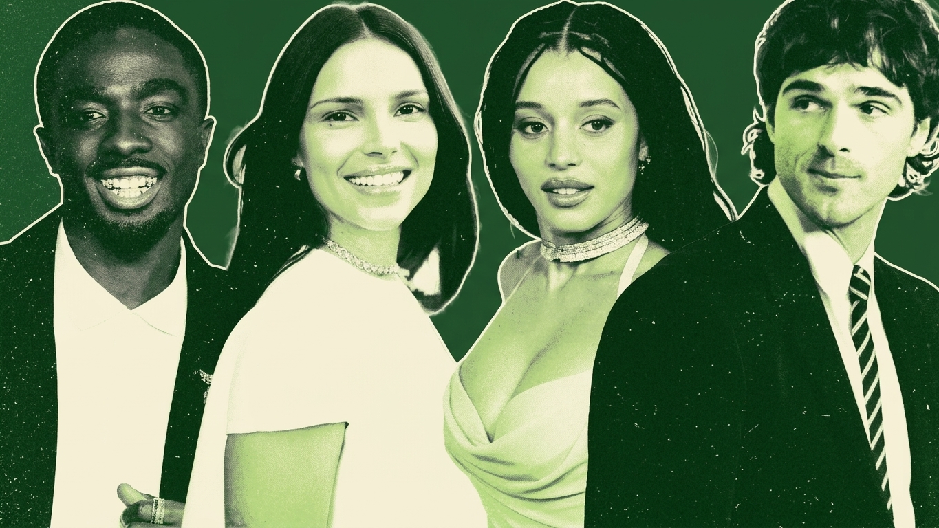 Four people are posing against a green background, dressed in formal attire.