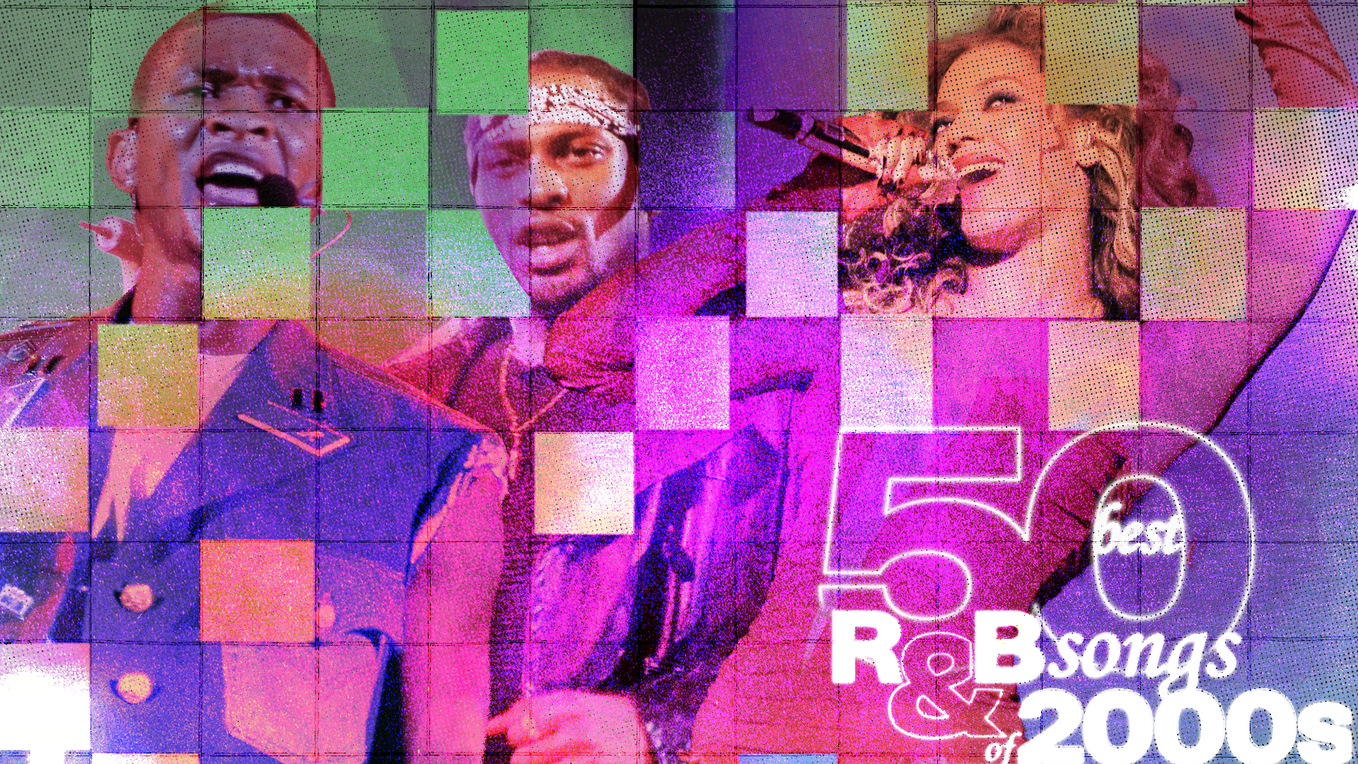 A vibrant collage featuring Usher, Nelly, and Beyoncé, with text reading "50 Best R&B Songs of the 2000s."