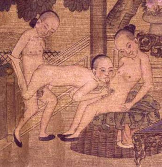 Threesome shown in a Chinese scroll, 1800s