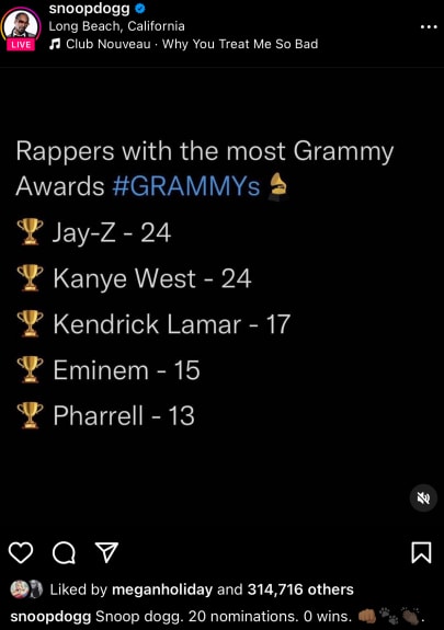 Snoop Dogg post from Instagram is pictured