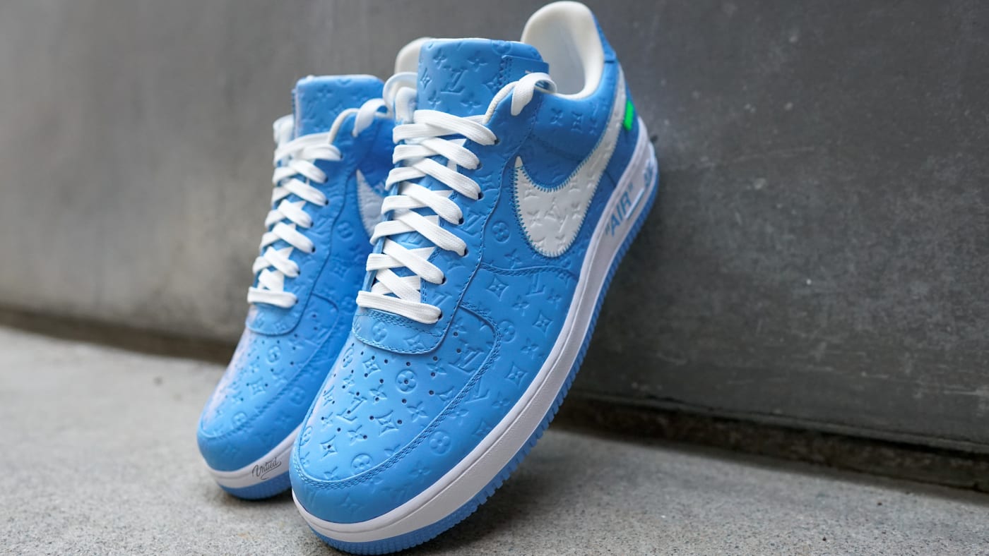 Blue Louis Vuitton x Nike Air Force 1s by Virgil Abloh from the friends and family colorways