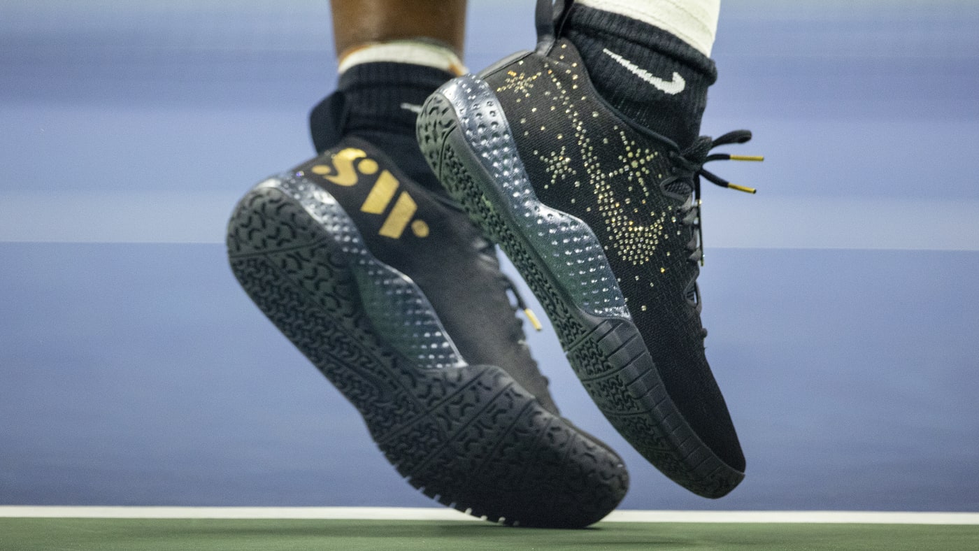 Serena Williams' black NikeCourt Flare 2 sneakers at the US Open 2022, which are encrusted with diamonds