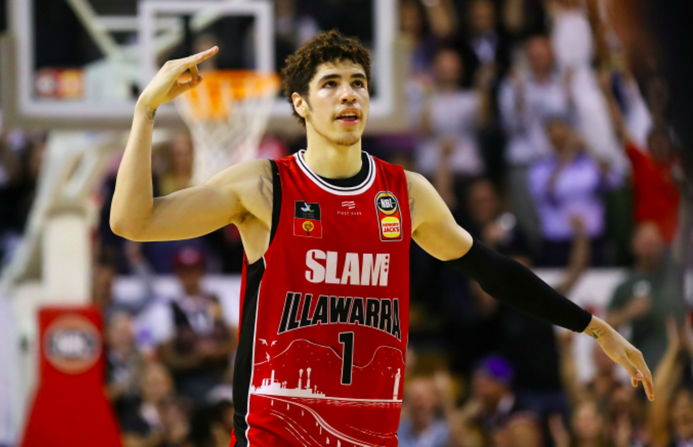 Lamelo Ball of the Hawks celebrates hitting a three point shot