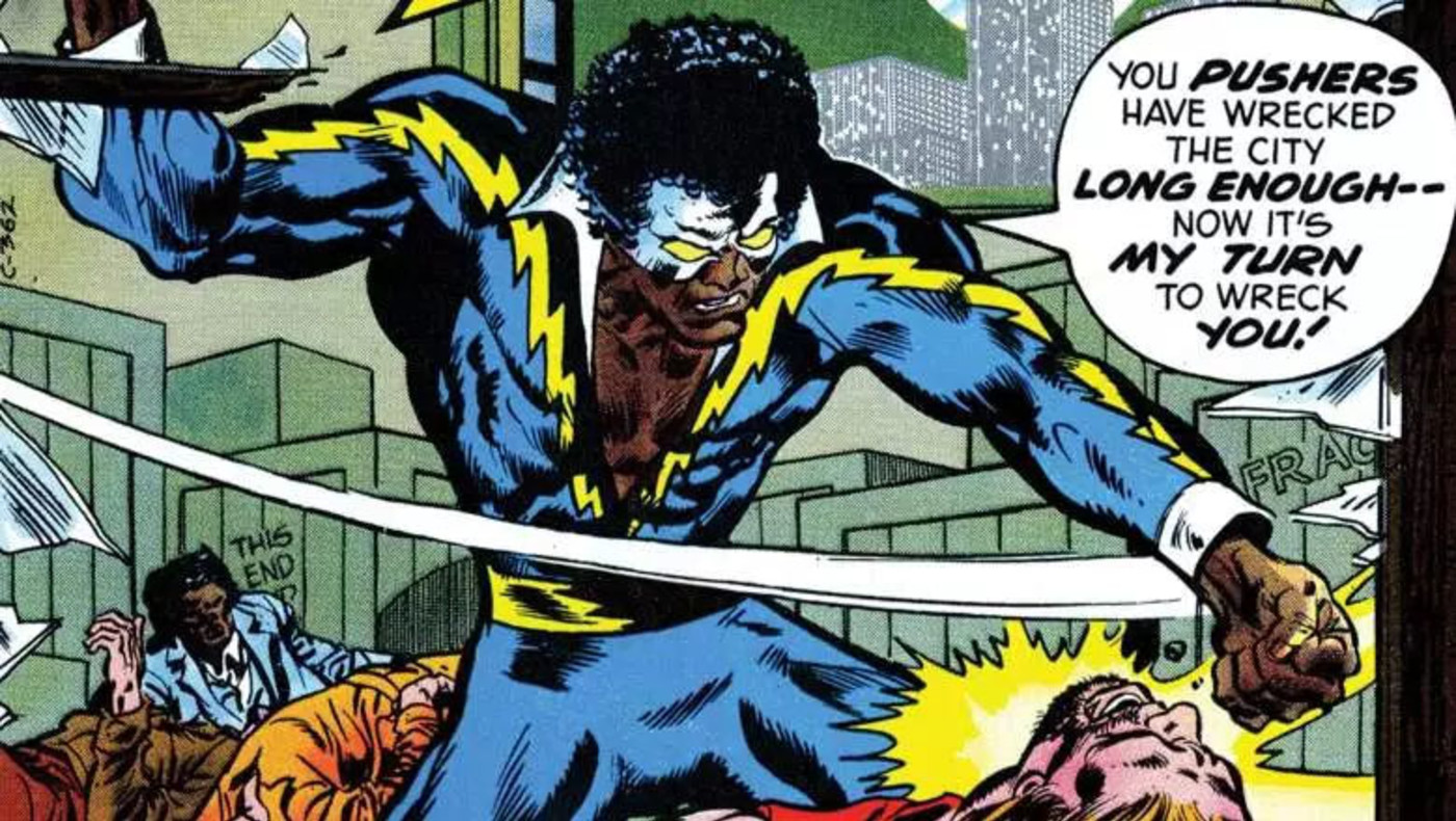 Black Lightning fighting "pushers"