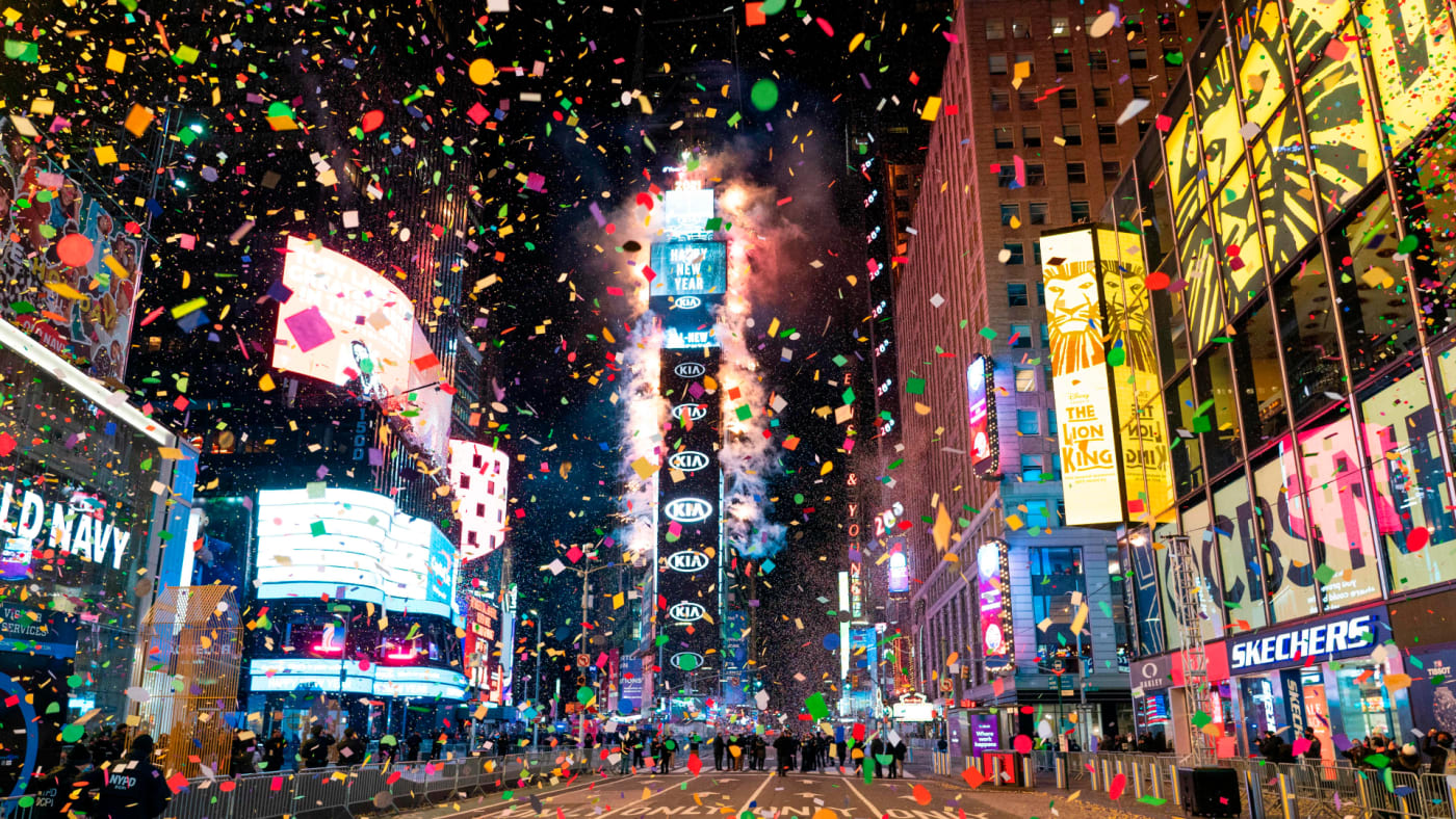 A New Year's Eve celebration in Times Square is shown.