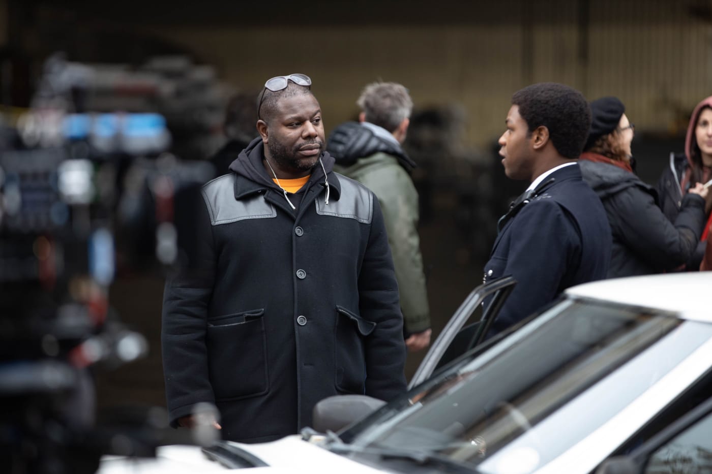 Director Steve McQueen and John Boyega as Leroy Logan on the set of Red, White and Blue.