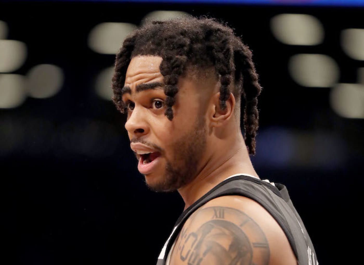 D'Angelo Russell reacts in the second half against the Philadelphia 76ers.