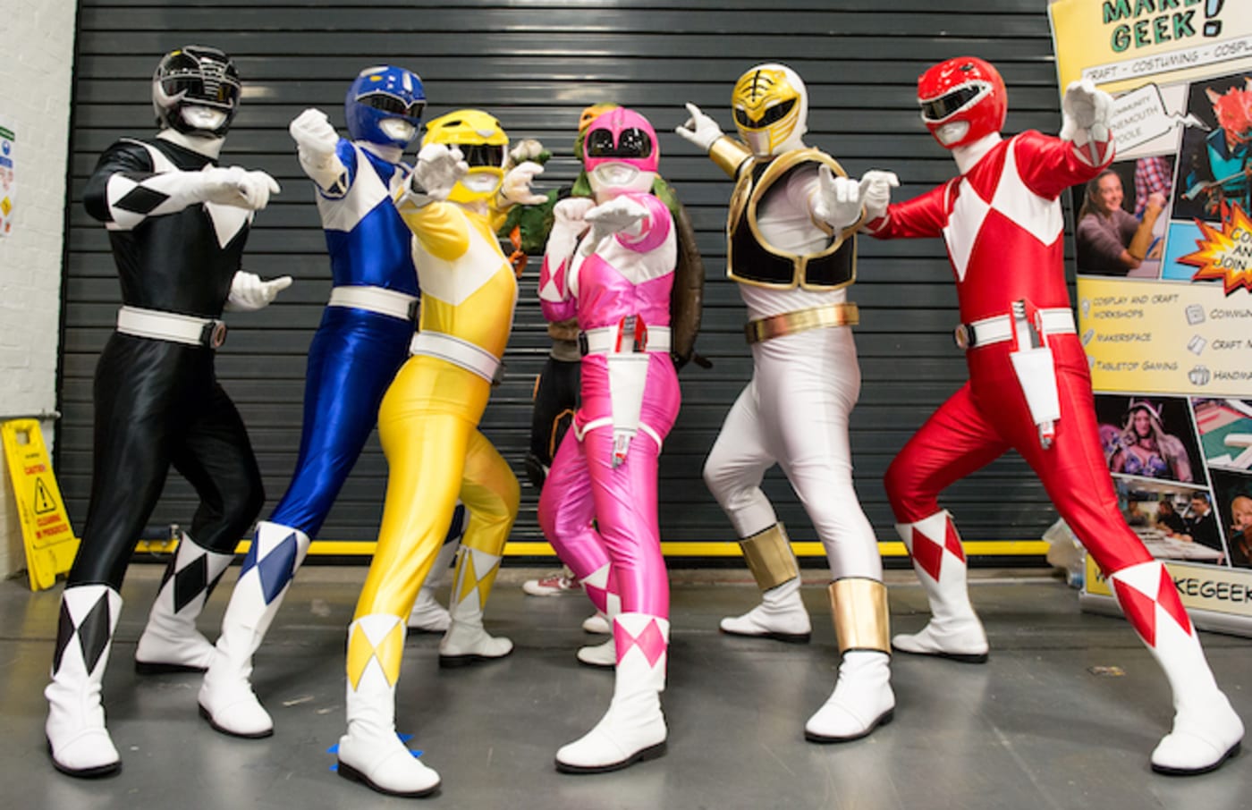 A Power Rangers cosplayer group seen in character during London Film and Comic Con 2019.