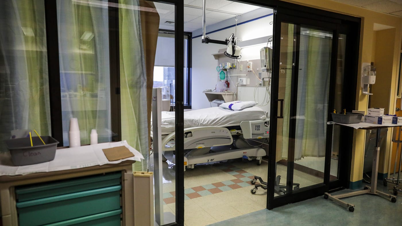 An empty bed is seen on the PICU floor at UMass Memorial Hospital