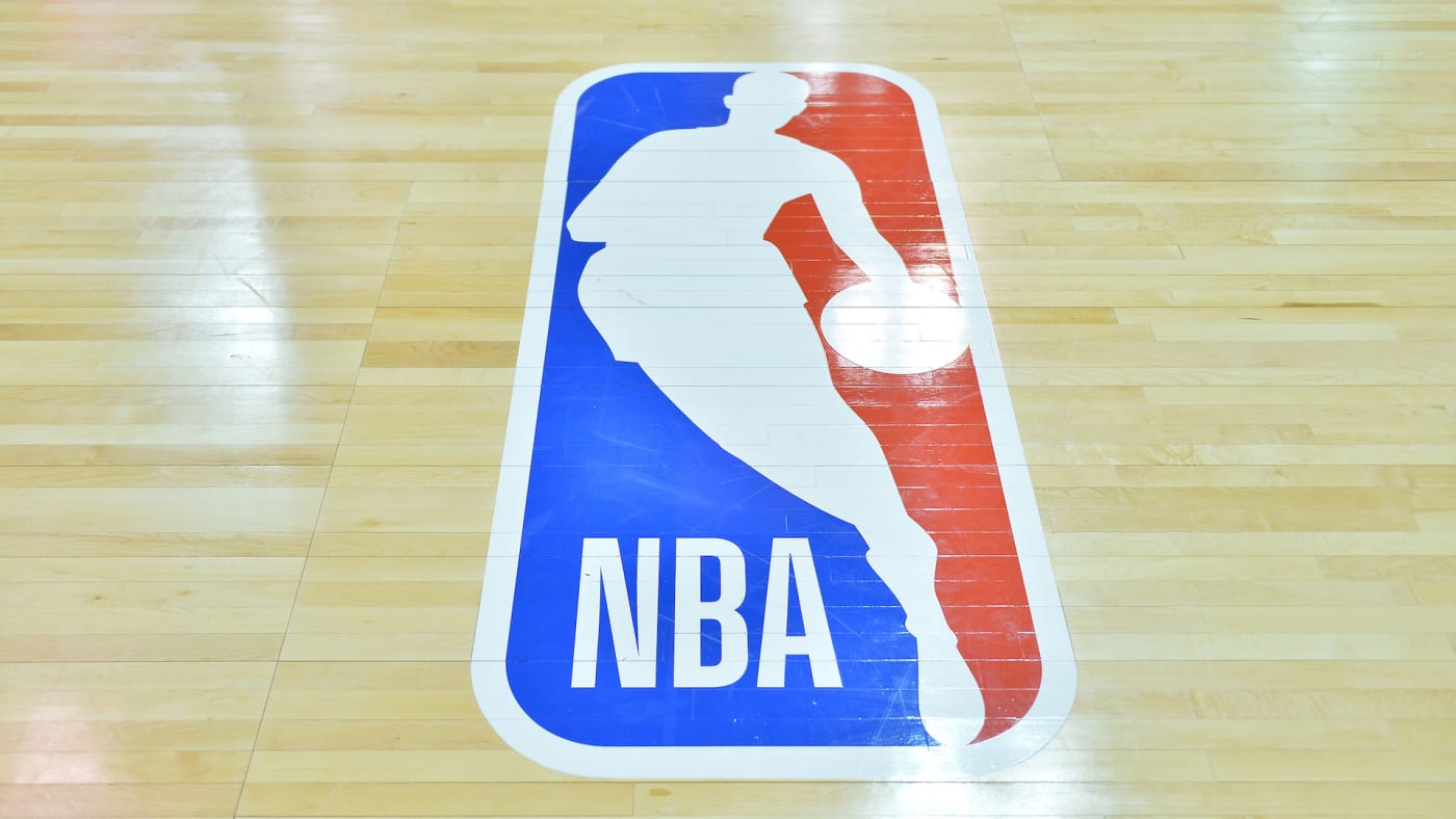 A general view of the court shows the NBA logo during a game in 2017 NBA Summer League.