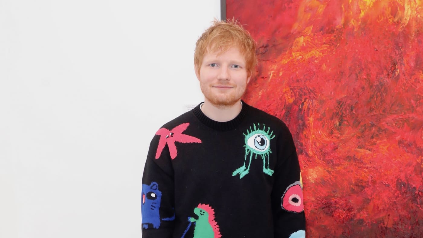 Ed Sheeran attends a private view of artist Jelly Green's new exhibition "Burn"