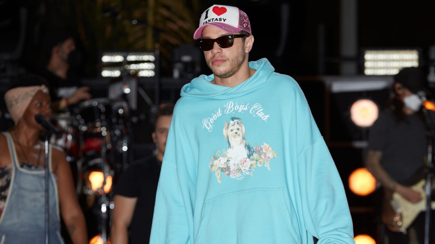 Pete Davidson is seen wearing a hoodie and a hat