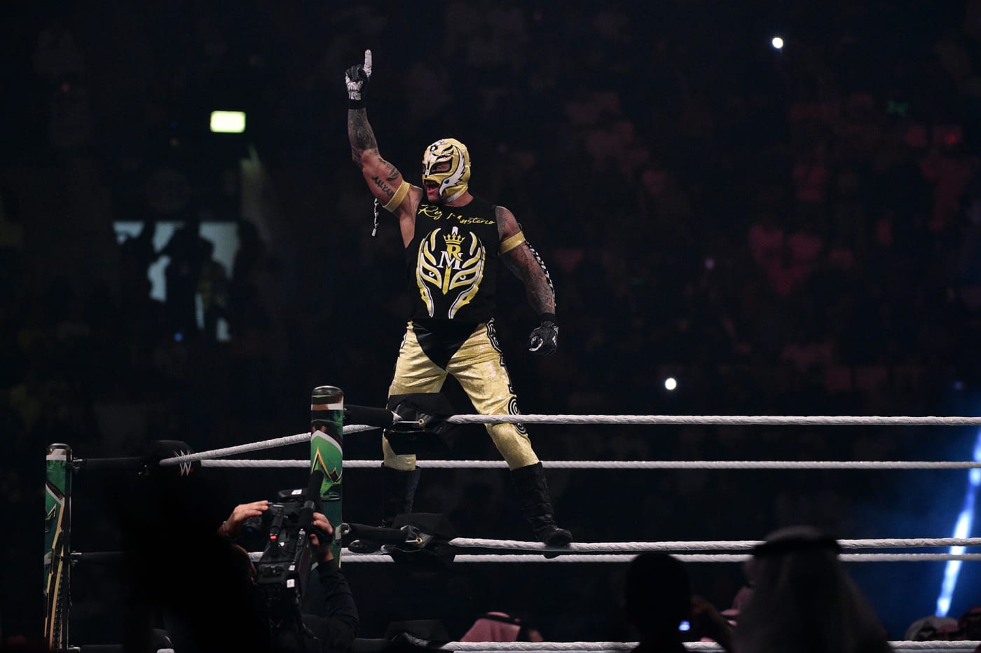 Rey Mysterio greets crowd during WWE Crown Jewel 2018