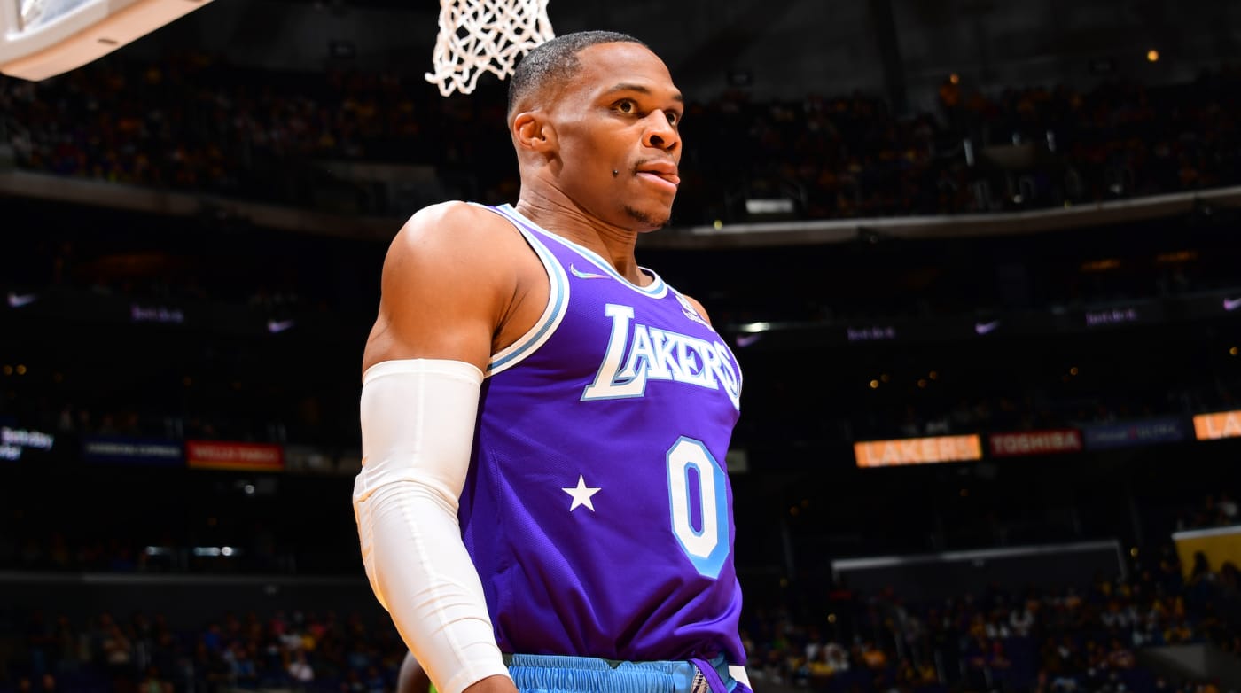 Russell Westbrook in lakers jersey on court