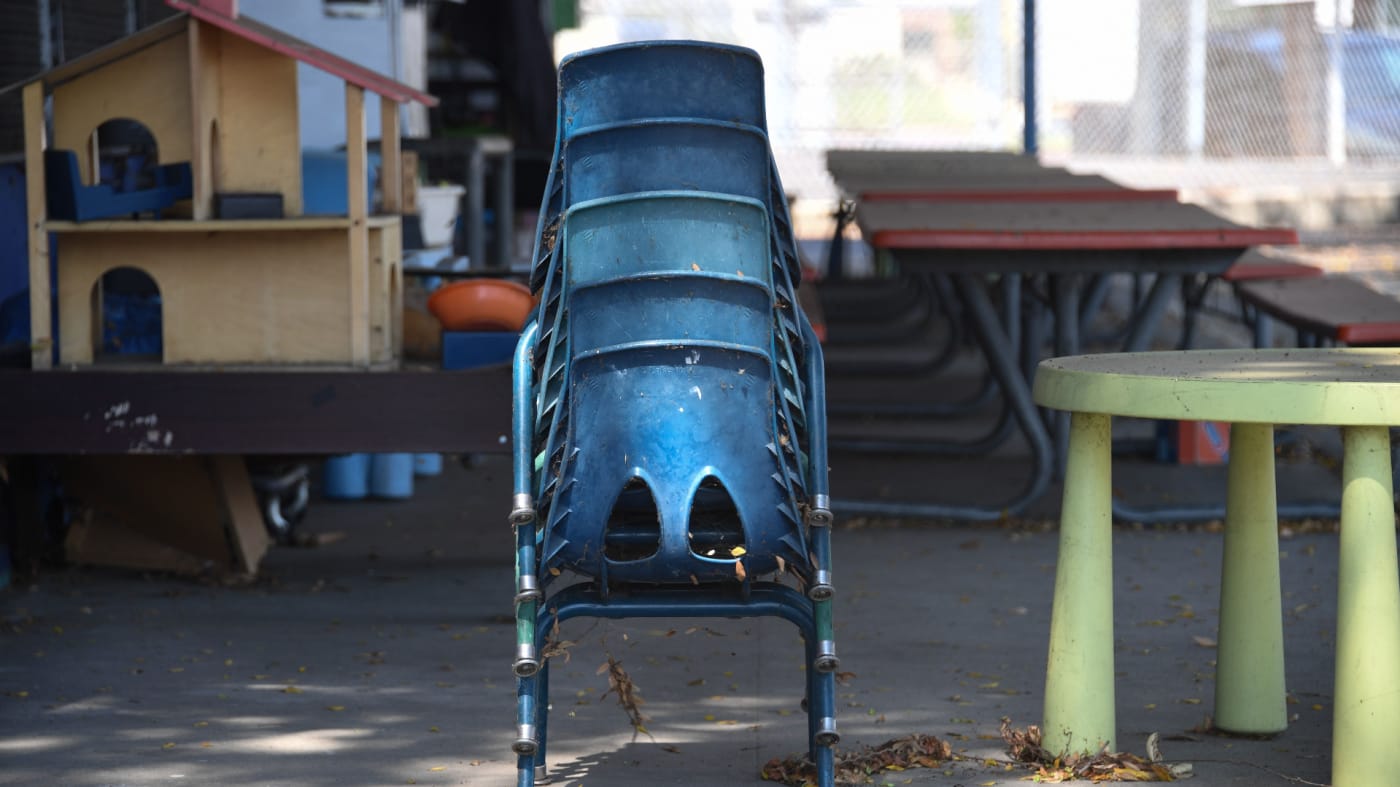 Chairs are stacked at a public elementary school campus in Los Angeles.