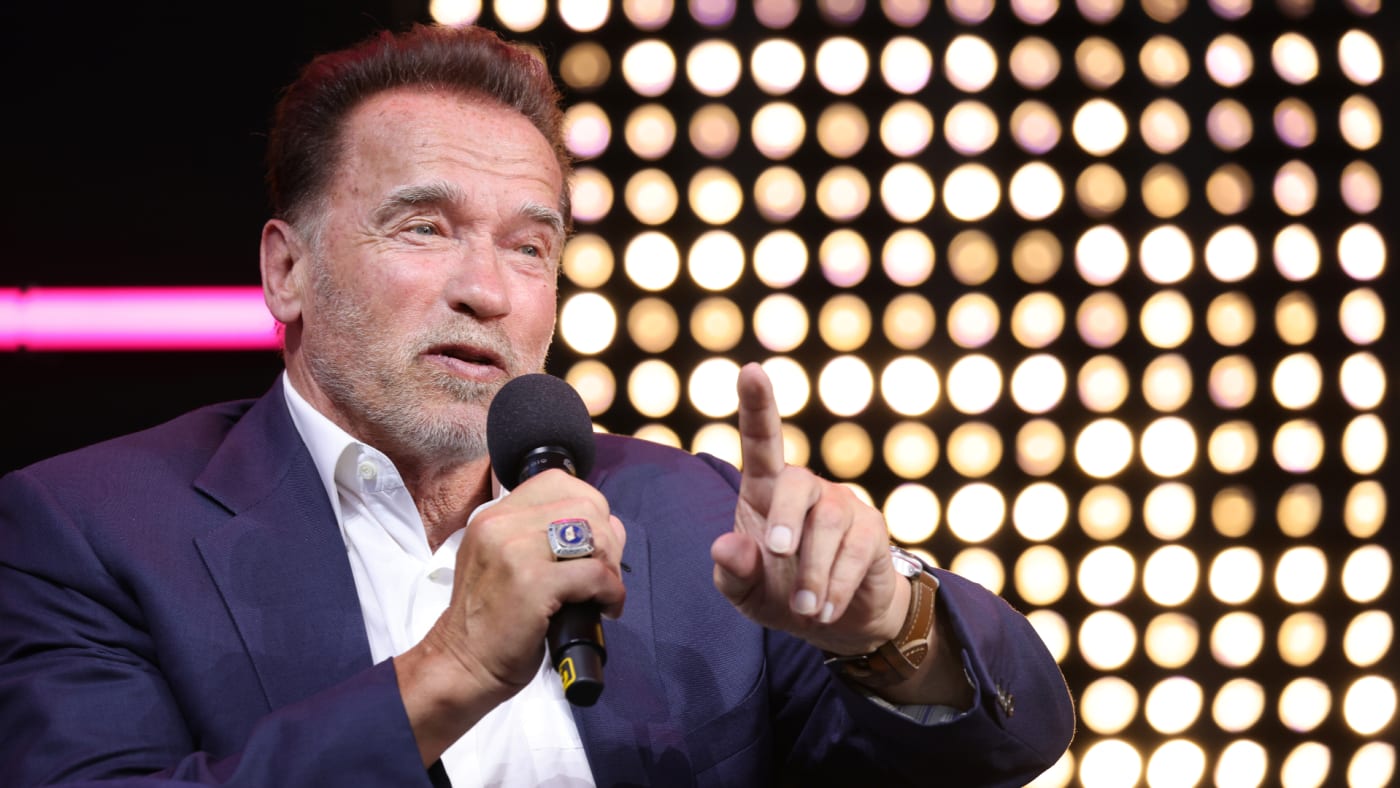 Arnold Schwarzenegger is seen speaking at an event