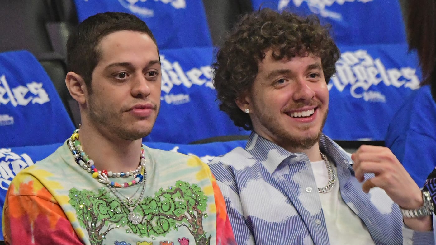 Pete Davidson and Jack Harlow attend Game 3 of the 2021 Western Conference Finals.