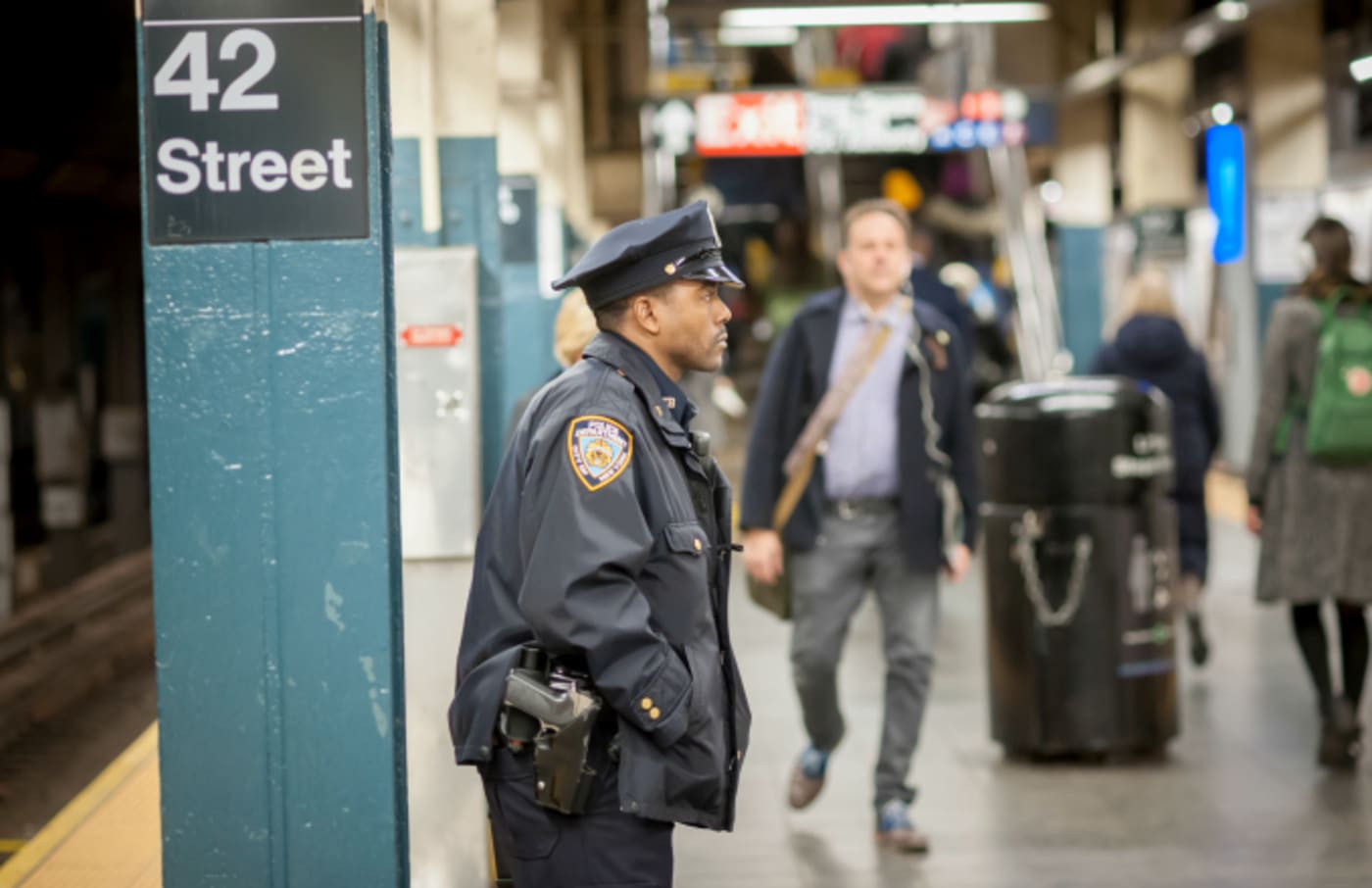 An NYPD officer on his post in the New York subway