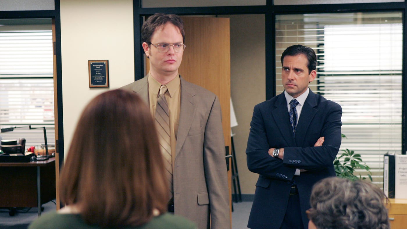 Steve Carell and Rainn Wilson in a photo from the set of 'The Office'
